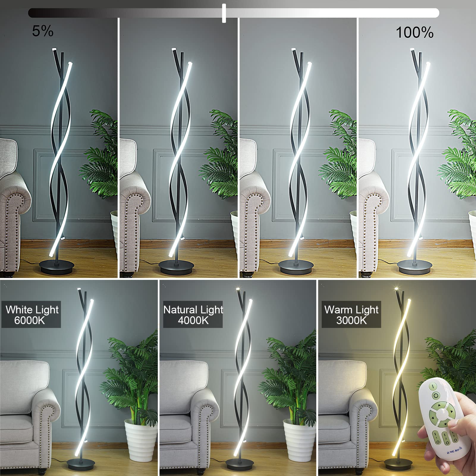 61-Inch Tall 60W DNA Spiral LED Floor Lamp - Modern Nordic Style Standing Light with Remote Control (3 Color Temperatures, Black) | Perfect for Living Room, Bedroom & Office Lighting Decor