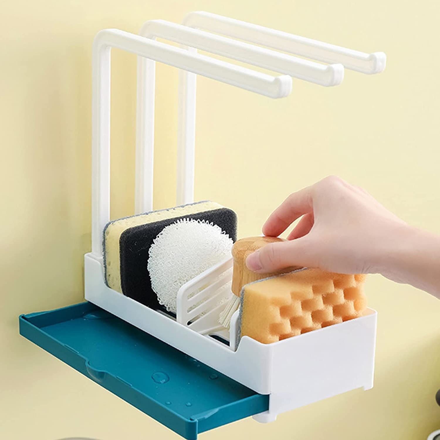 **Stainless Steel Kitchen Sink Caddy & Sponge Holder with Drain Pan - Expandable Sink Organizer for Dishwashing Sponges, Brushes & Cleaning Tools - Perfect for Home Decor & Kitchen Storage**    *(Use Case: Keep your sink area tidy while organizing sponges, brushes, and dish soap for a clutter-free kitchen!)*