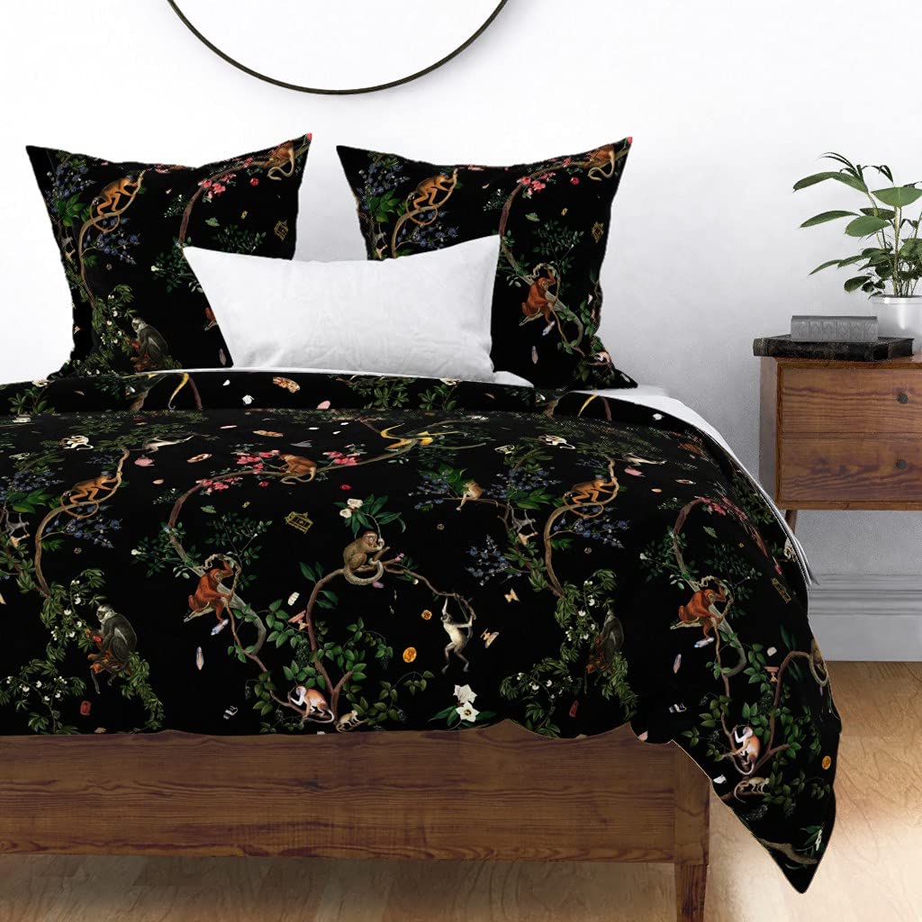 Premium Cotton Sateen Duvet Cover King/California King - Exotic Chinoiserie Monkey Jungle Rainforest Wild Animal Print Custom Bedding Set for Luxurious Bedroom Decor