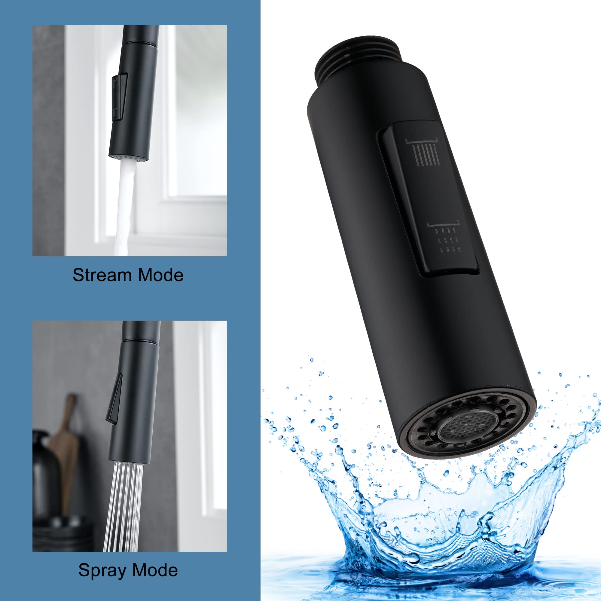 Tohlar 2-Function Pull Down Kitchen Faucet Spray Head Replacement, Black Nozzle Hose Spout for Modern Kitchens and Dishwashing