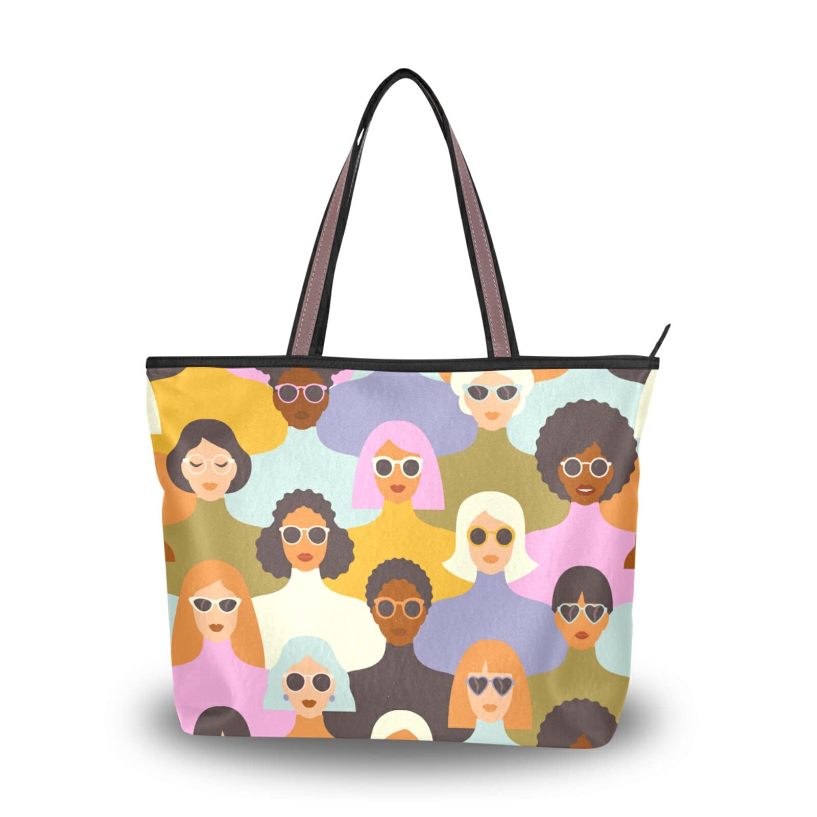 Stylish Women's Tote Bag with Faces Print - Large Capacity Zippered Grocery Bag for Shopping, Work & Travel (2 Size Options) - Perfect for Daily Use, Beach Trips & Office Commute