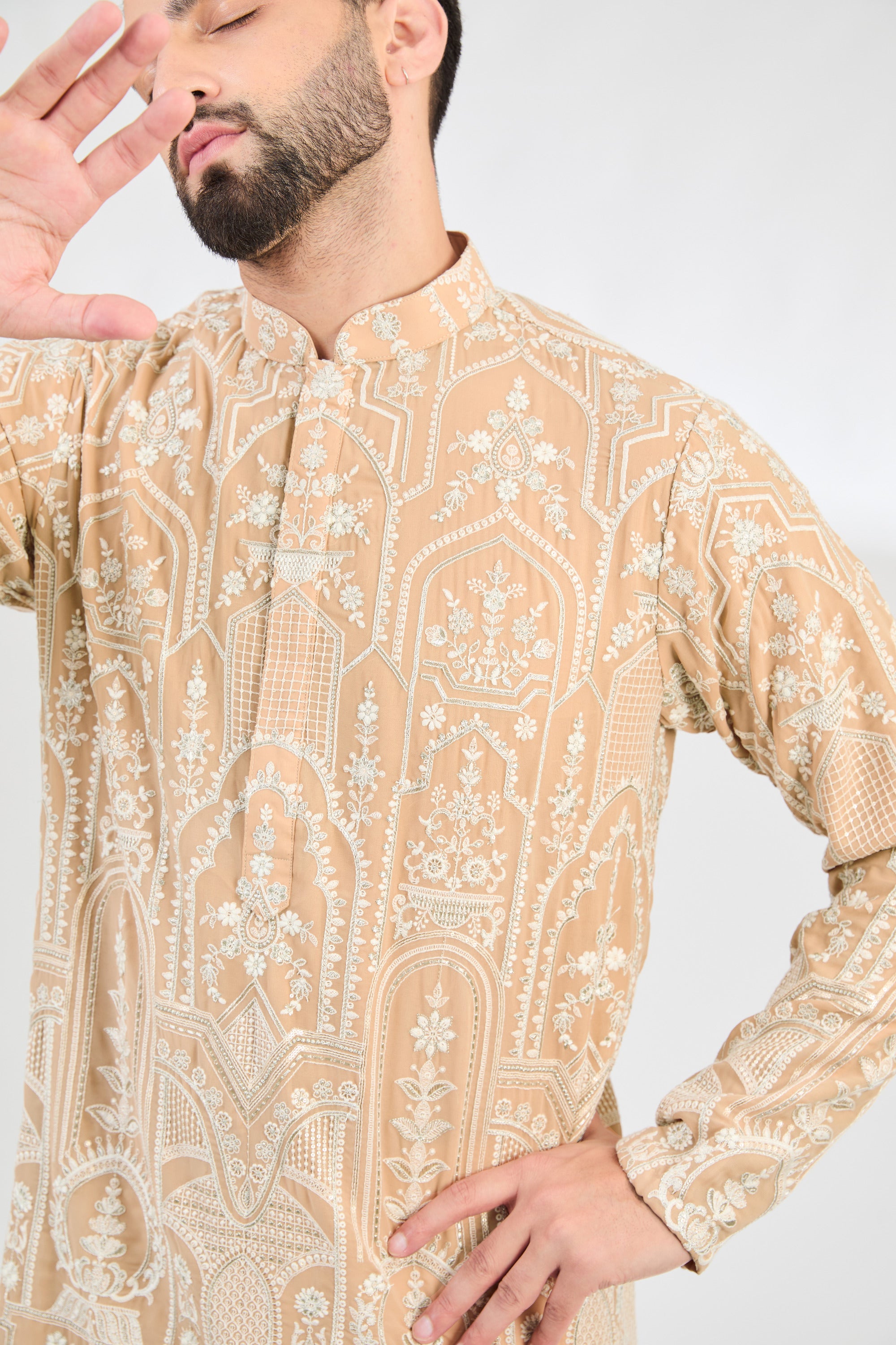 Elegant Chikankari Kurta with Ivory Cream Thread Work & Silver Highlights - Perfect for Festivals, Weddings & Ethnic Occasions