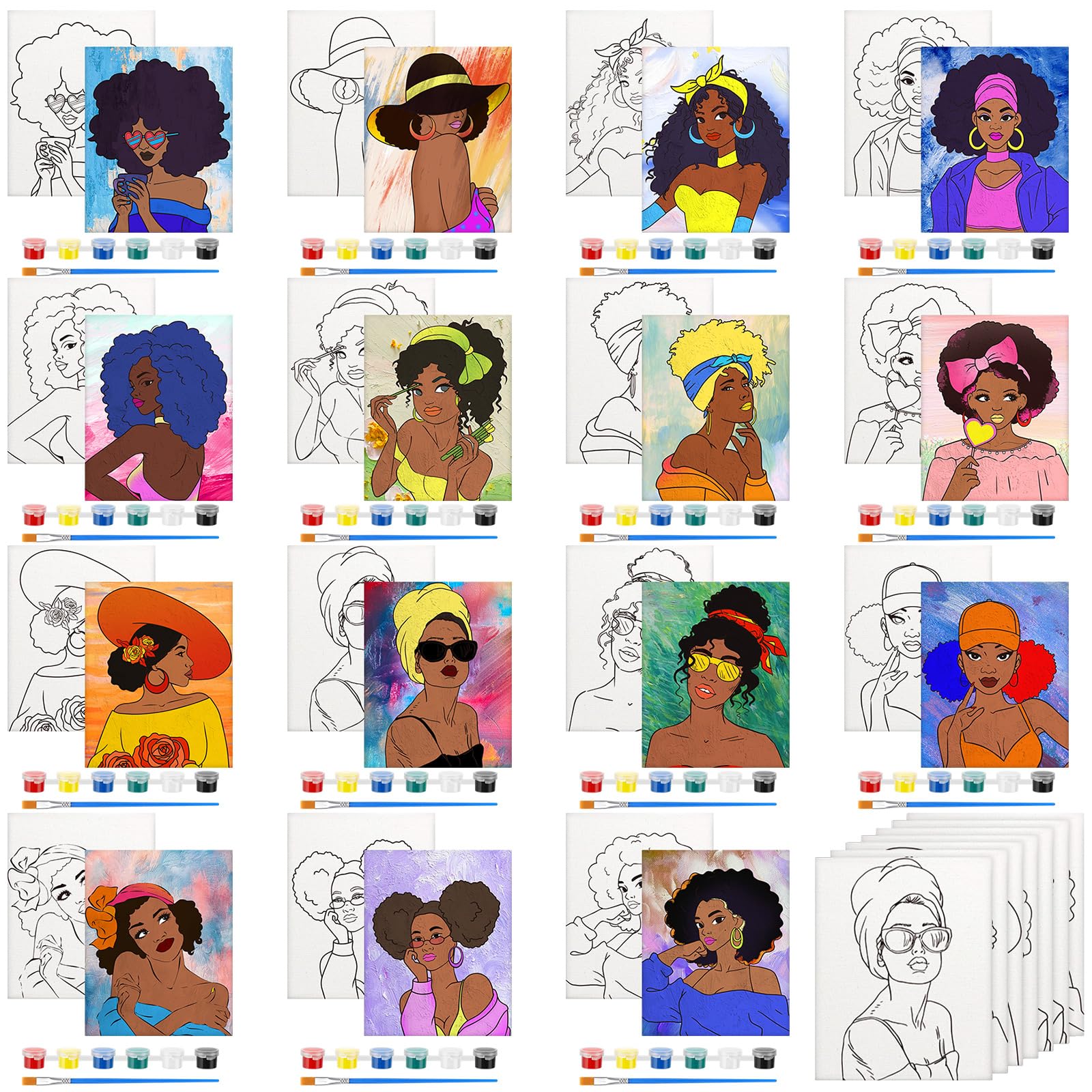 Qilery 15-Piece 8''x10'' Pre-Drawn Canvas Painting Kit for Adults & Kids - Afro Queen Art Set with Brushes | Perfect for Paint Parties, Sip & Paint Events, Date Nights, DIY Birthday Gifts & Family Art Activities