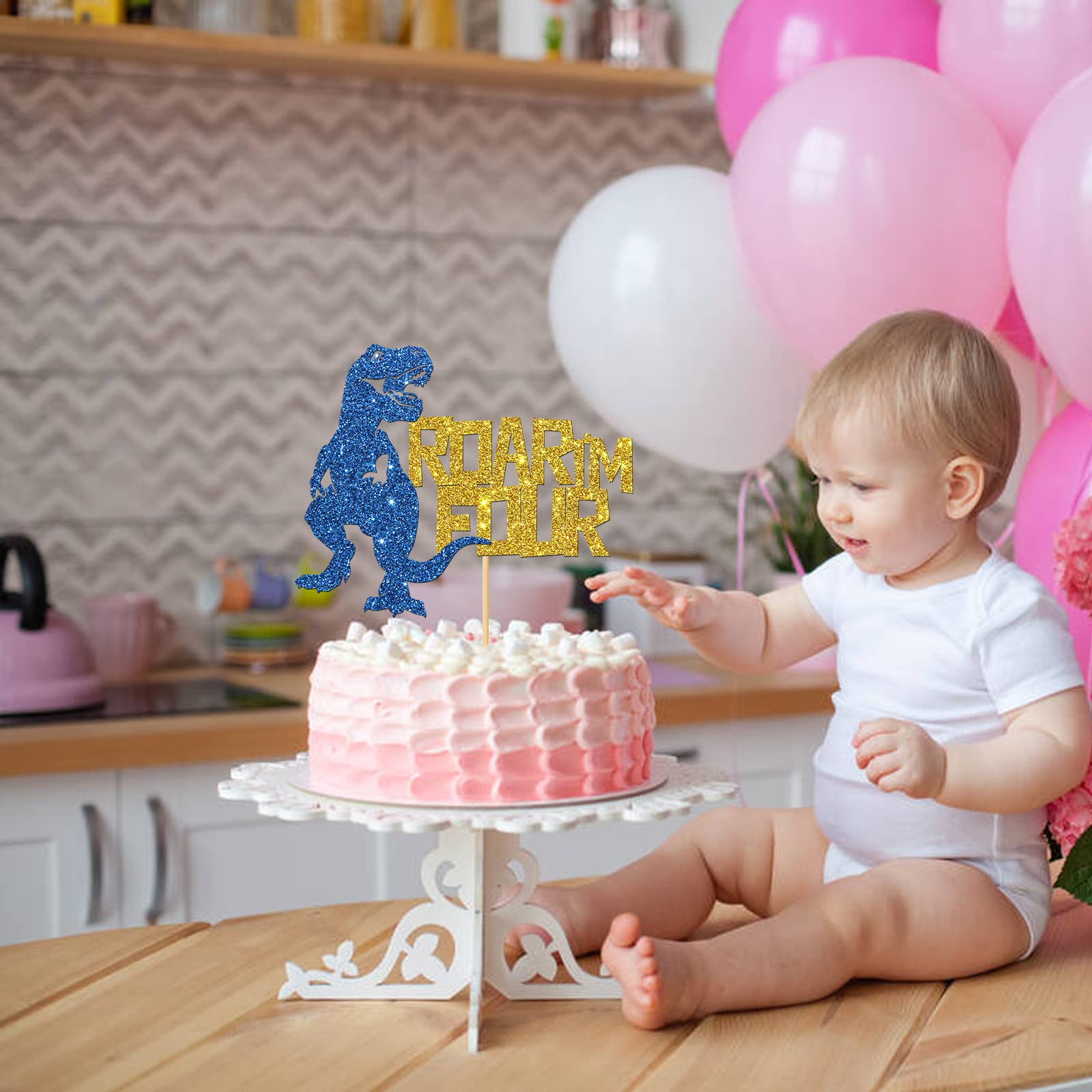 Dinosaur Cake Topper for 4th Birthday - Gold & Blue Glitter 'I'm Four' Cake Decorations for Boys | Perfect for Dinosaur Themed Birthday Parties, Baby Showers & Kids Celebrations
