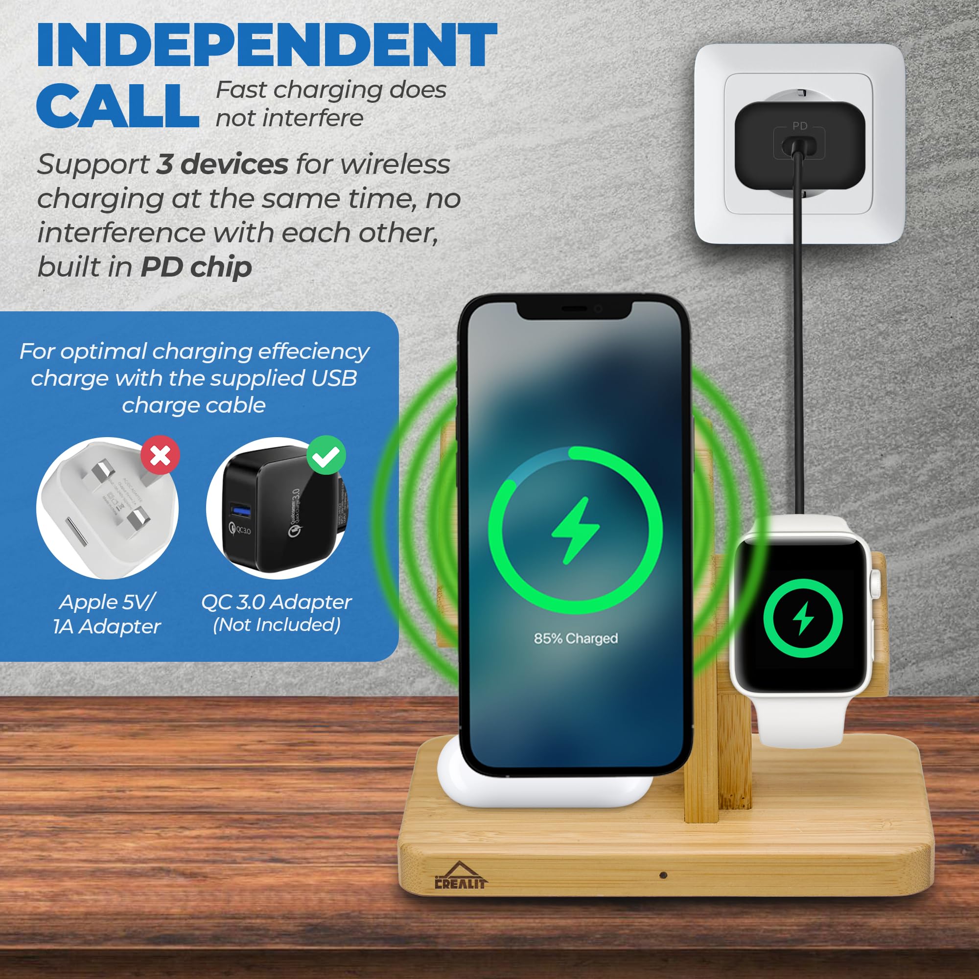 3-in-1 Bamboo Wireless Charging Station with Magsafe - Fast Charger for iPhone 12/13/14/15/16, Apple Watch & AirPods | Perfect for Nightstand, Office Desk & Travel Charging