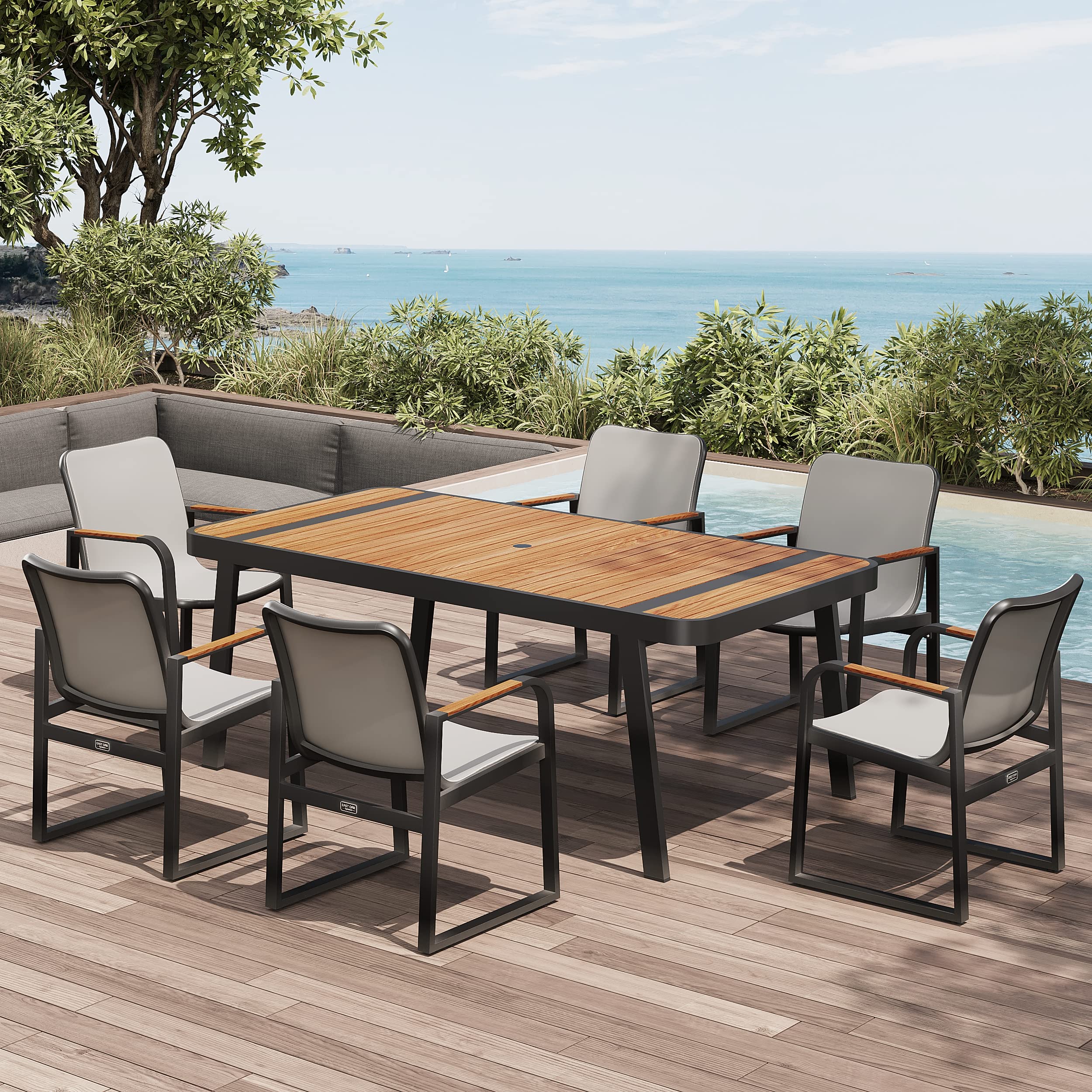 EAST OAK Signature 7-Piece Outdoor Dining Set - Teak Wood & Powder-Coated Aluminum Patio Furniture with Teslin Fabric Chairs - Perfect for Garden, Backyard, Poolside & Outdoor Entertaining - Dark Grey