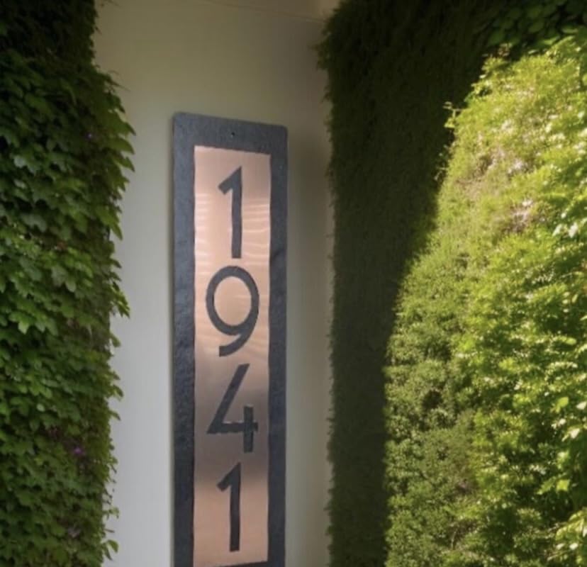 Modern Vertical Slate Address Plaque with Copper Finish - Customizable House Numbers 1-5 - Perfect for Front Door, Mailbox & Outdoor Home Decor