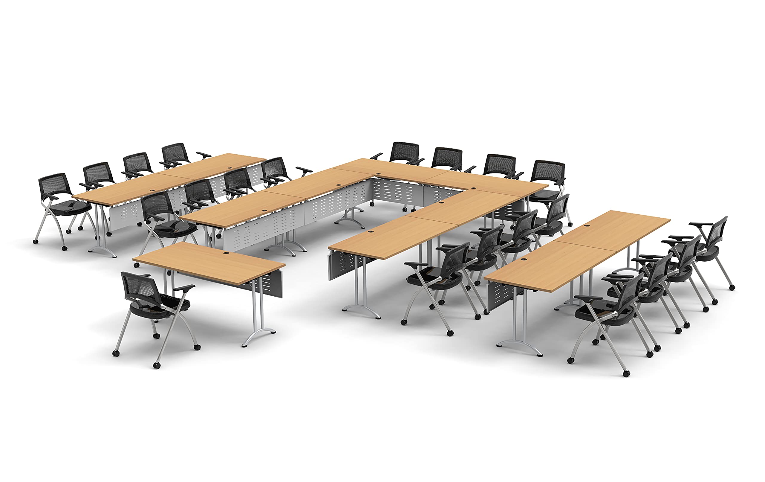 21-Person Conference Folding Table Set with Task Chairs & Modesty Panels - 43pc Beech Color Classroom Furniture for Training, Meetings & Seminars - Connectable Tables, Foldable & Nestable for Space Saving - Perfect for Office Training Rooms, School Classrooms & Event Spaces