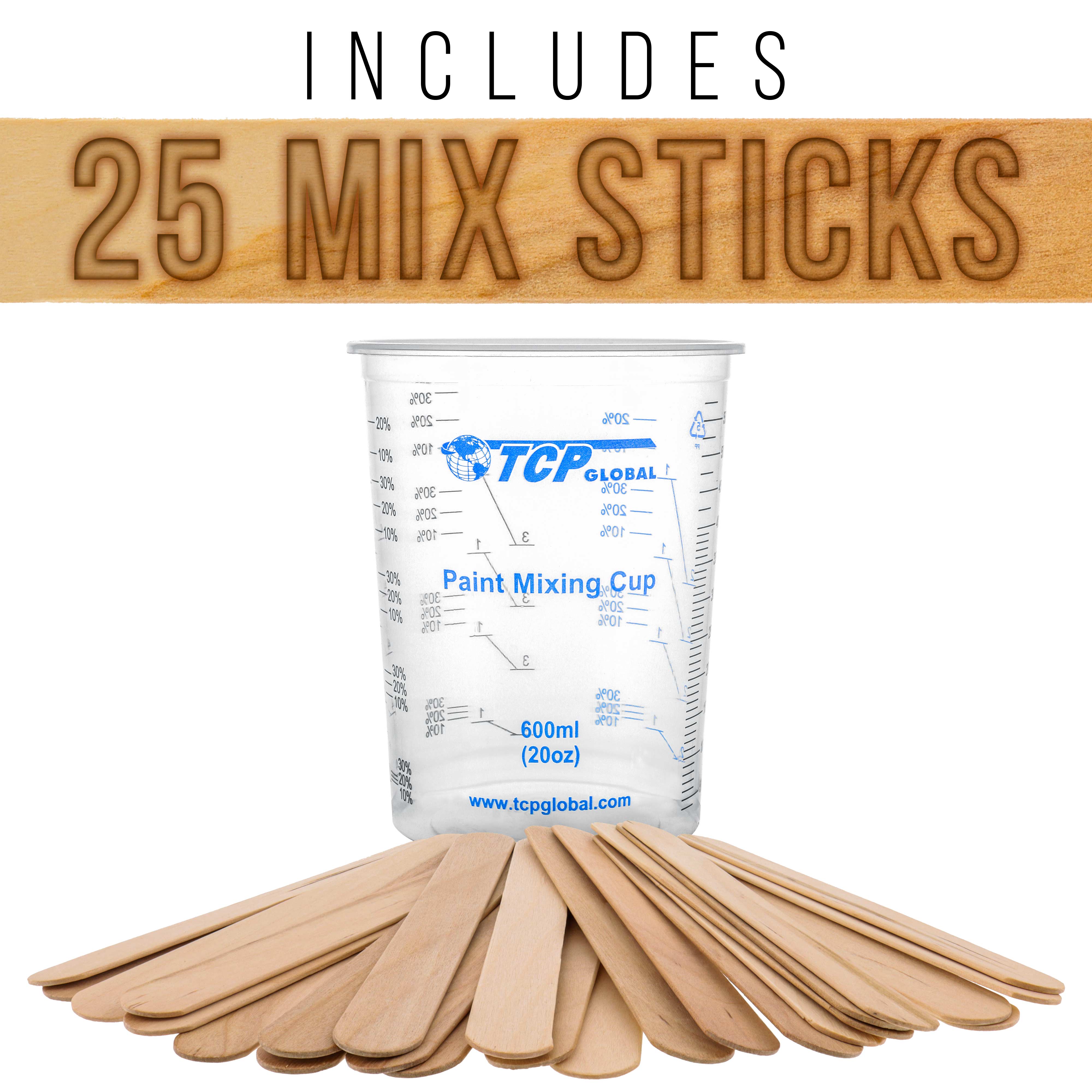 TCP Global 25-Pack 20oz (600ml) Disposable Plastic Mixing Cups with Graduated Measurements & Mixing Sticks - Ideal for Paint, Resin, Epoxy, and DIY Crafts - Perfect for Artists, Hobbyists, and Home Improvement Projects