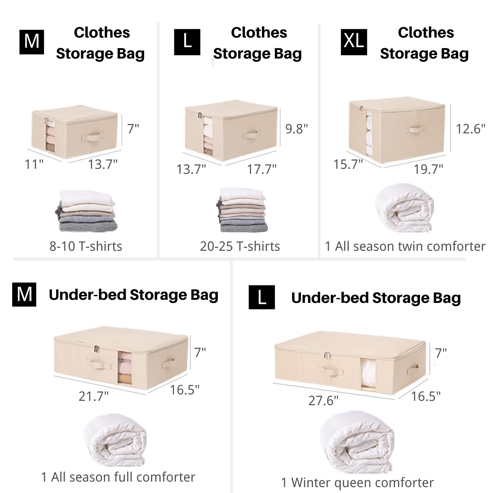 Under Bed Storage Bags with Clear Window - 600D Heavy-Duty Fabric Organizer for Clothes, Blankets & Comforters (XL 19.7x15.7x12.6in, Beige) - Perfect for Seasonal Clothing Storage & Bedroom Organization