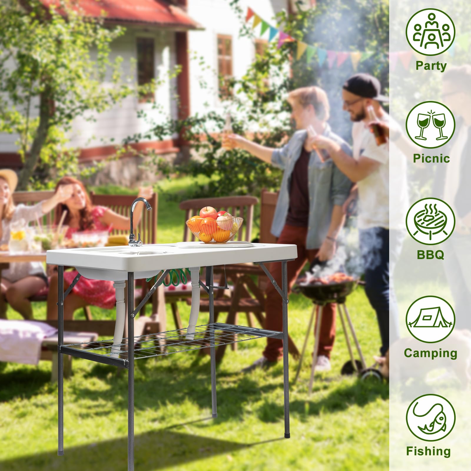 VINGLI Folding Fish Cleaning Table with 2 Stainless Steel Sinks - Portable Outdoor Camping Table with Grid Rack, Sprayer & Drainage Hose - Perfect for Backyard BBQ, Fishing Trips & Camping Kitchen Prep