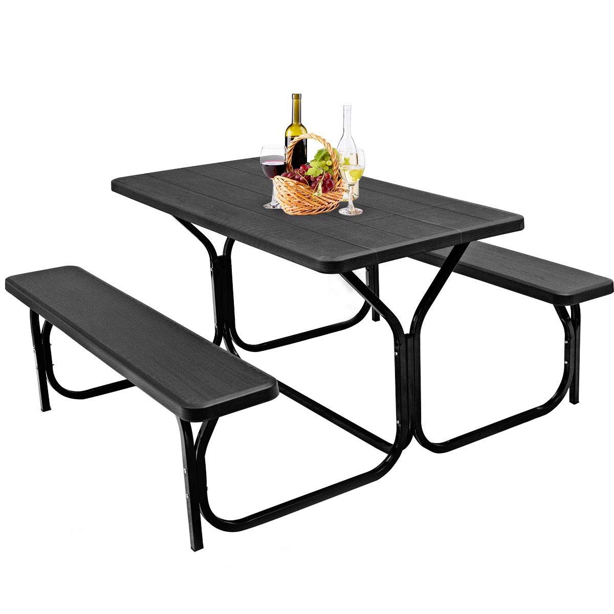GYMAX Outdoor Picnic Table with All-Weather Wood Grain Tabletop & Sturdy Metal Frame - Easy Assembly for Camping, Backyard, Deck, Patio, Poolside Dining & Parties - Perfect for BBQs, Family Gatherings & Outdoor Entertaining