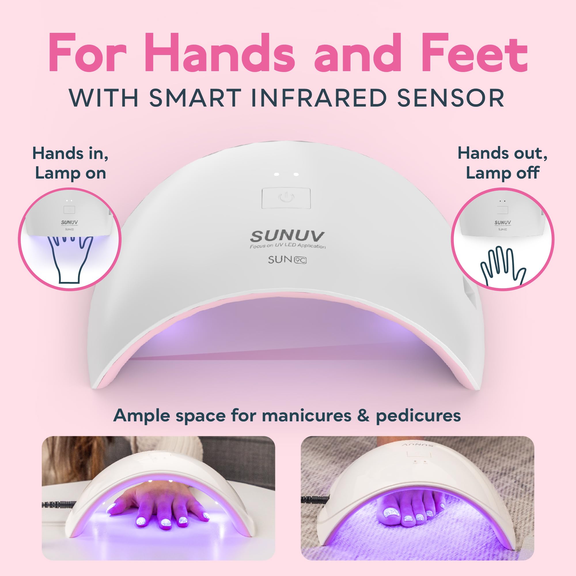 SUNUV UV LED Nail Lamp with Sensor - Professional Gel Polish Dryer for Nails, 2 Timer Settings (SUN9C Pink) - Perfect Gift for Women & Girls - Home Manicure, Salon Nail Art, DIY Gel Polish Application