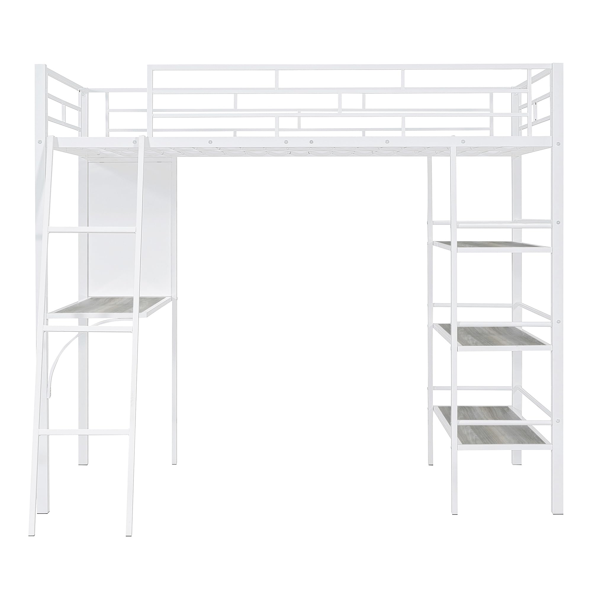 BOVZA Twin Size Loft Bed with Study Desk, Whiteboard & 3 Storage Shelves - Sturdy Metal Frame with Ladder & Safety Rails for Kids & Teens - Space-Saving Bedroom Solution for Small Rooms, Dorms & Apartments - White
