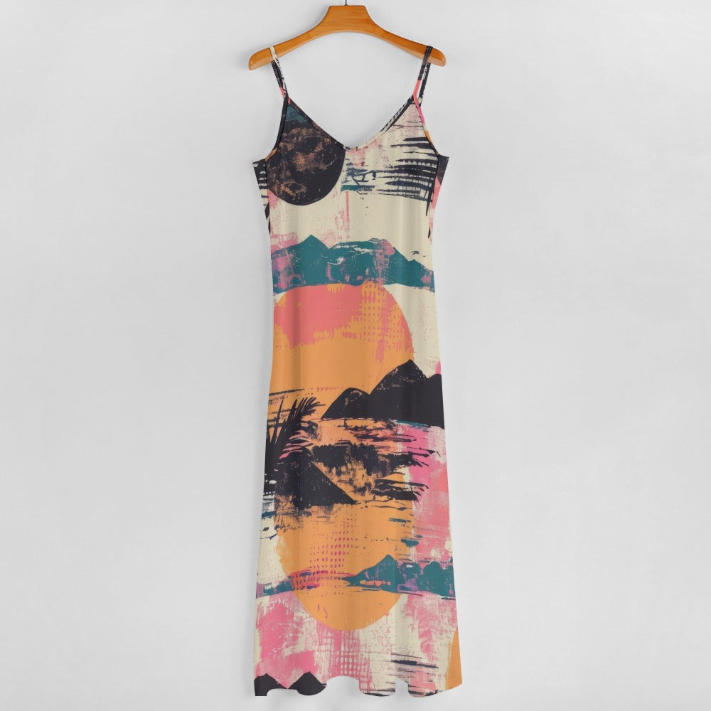 Grunge Sunset & Clouds Print Long Sling Ankle Dress for Women | Boho Chic Summer Beach Dress | Perfect for Music Festivals, Vacations & Date Nights