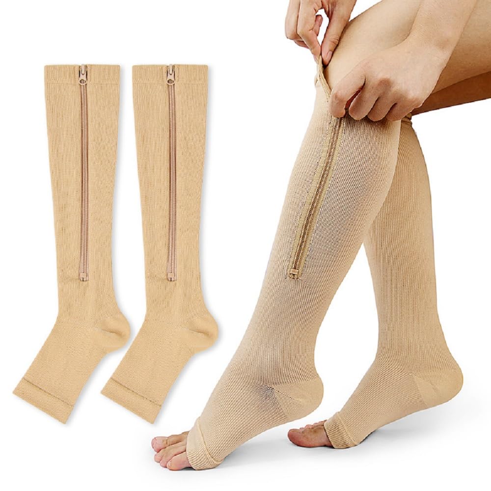 Topwon Open-Toe Compression Socks for Women & Men - 2 Pairs Knee High Support Stockings with Zipper - Ideal for Running, Travel & Varicose Vein Relief