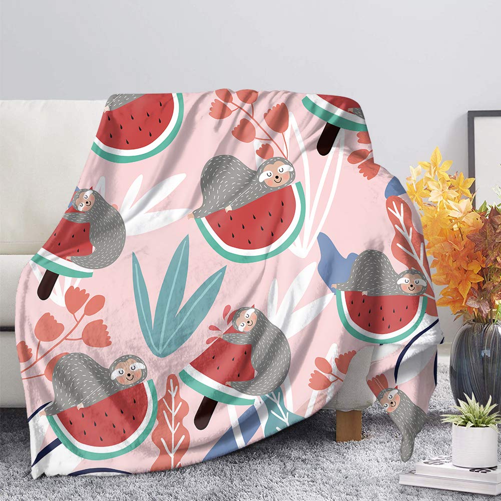 BIGCARJOB Summer Flannel Air-Conditioning Blanket - Sloth & Watermelon Print Microfiber Throw (70x54 inches) - Soft Pink Cozy Blanket for Bed, Couch, and Outdoor Picnics