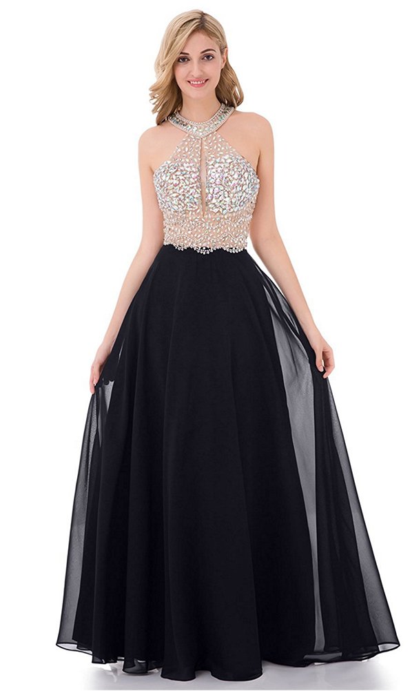 Honeydress Beaded Halter Prom Dress - Long Chiffon Evening Gown for Women - Perfect for Parties & Formal Events