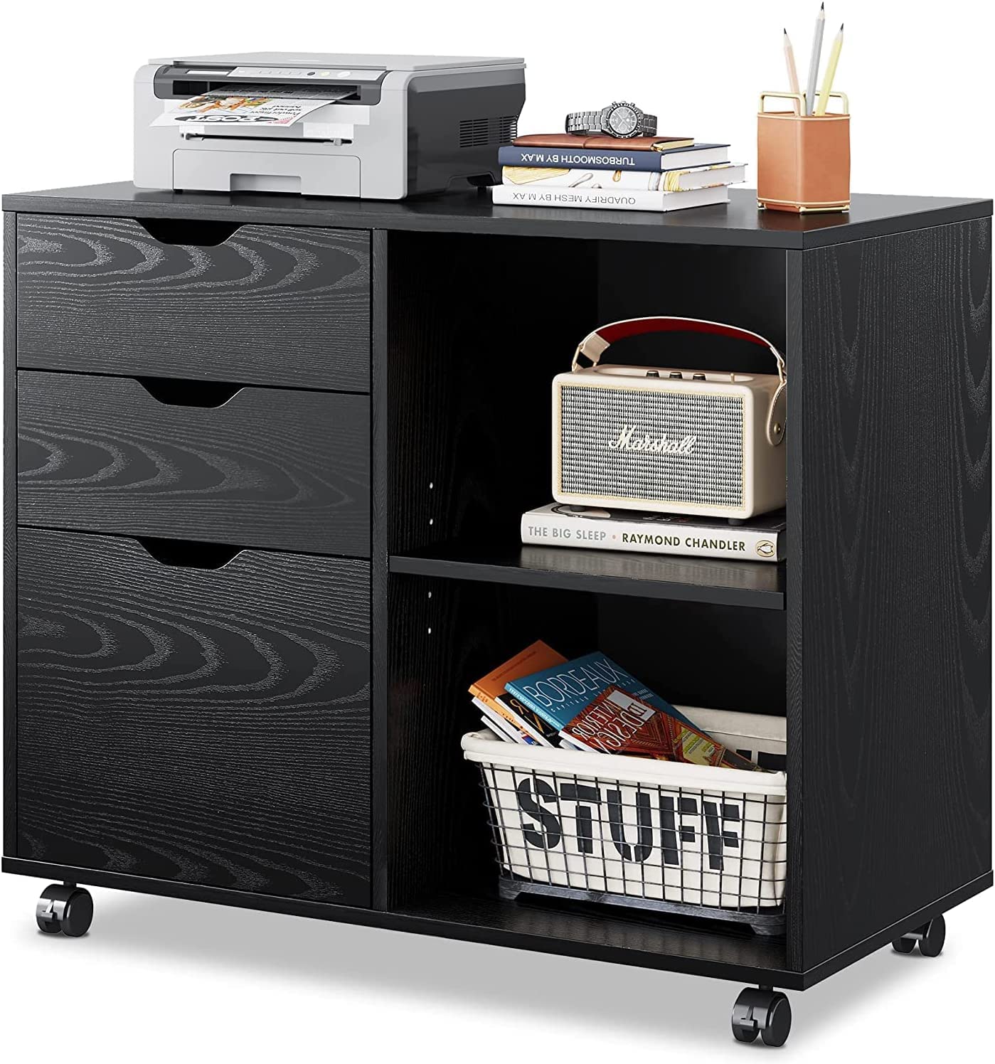 DEVAISE 3-Drawer Wood File Cabinet - Mobile Lateral Filing Cabinet & Printer Stand with Open Storage Shelves for Home Office Organization, Black - Perfect for Document Storage, Office Supplies & Workspace Organization