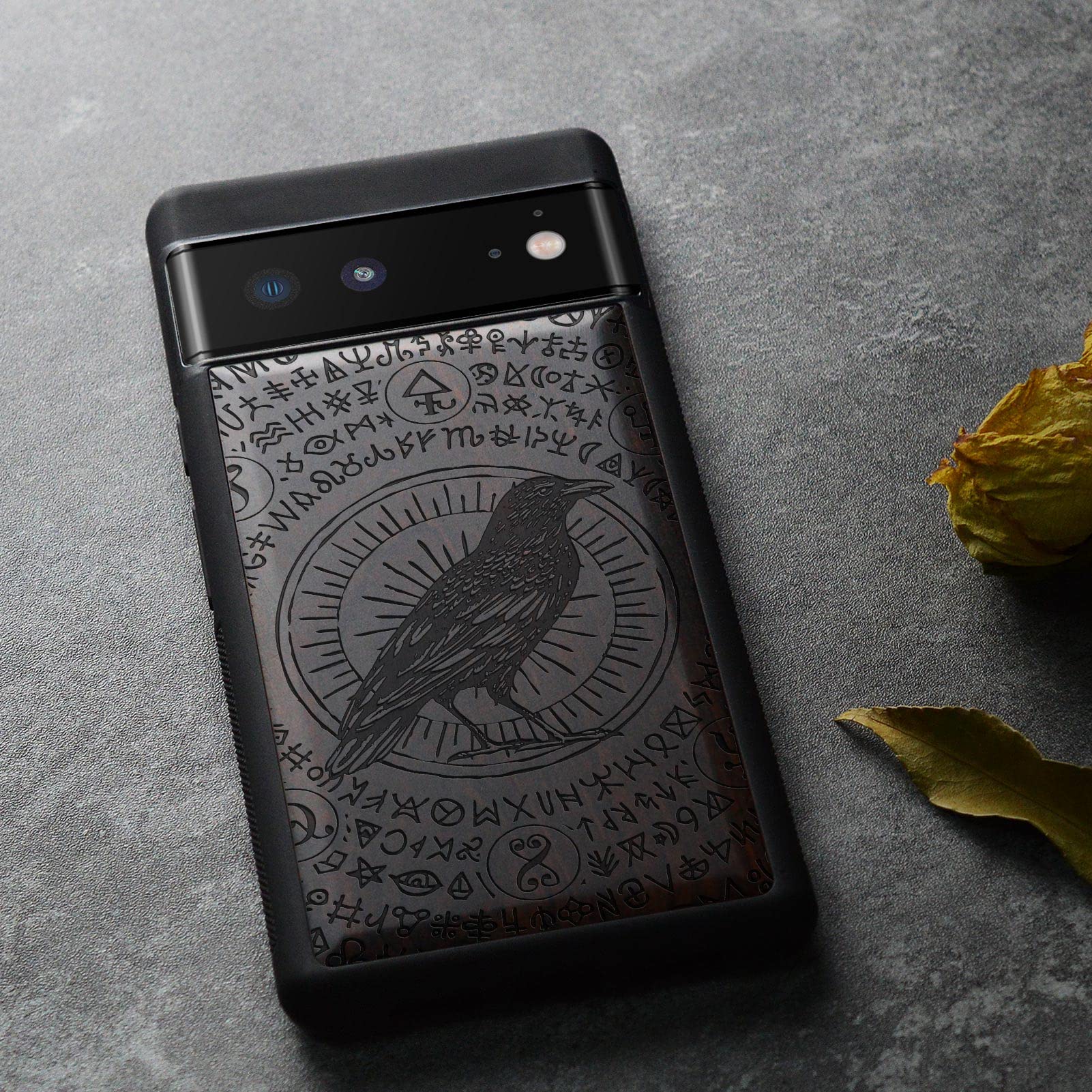 Carveit Wooden Case for Google Pixel 6 (2021) - Natural Wood & Black TPU Shockproof Protective Cover - Witchcraft Raven-Blackwood Design - Perfect for Outdoor Adventures & Everyday Protection