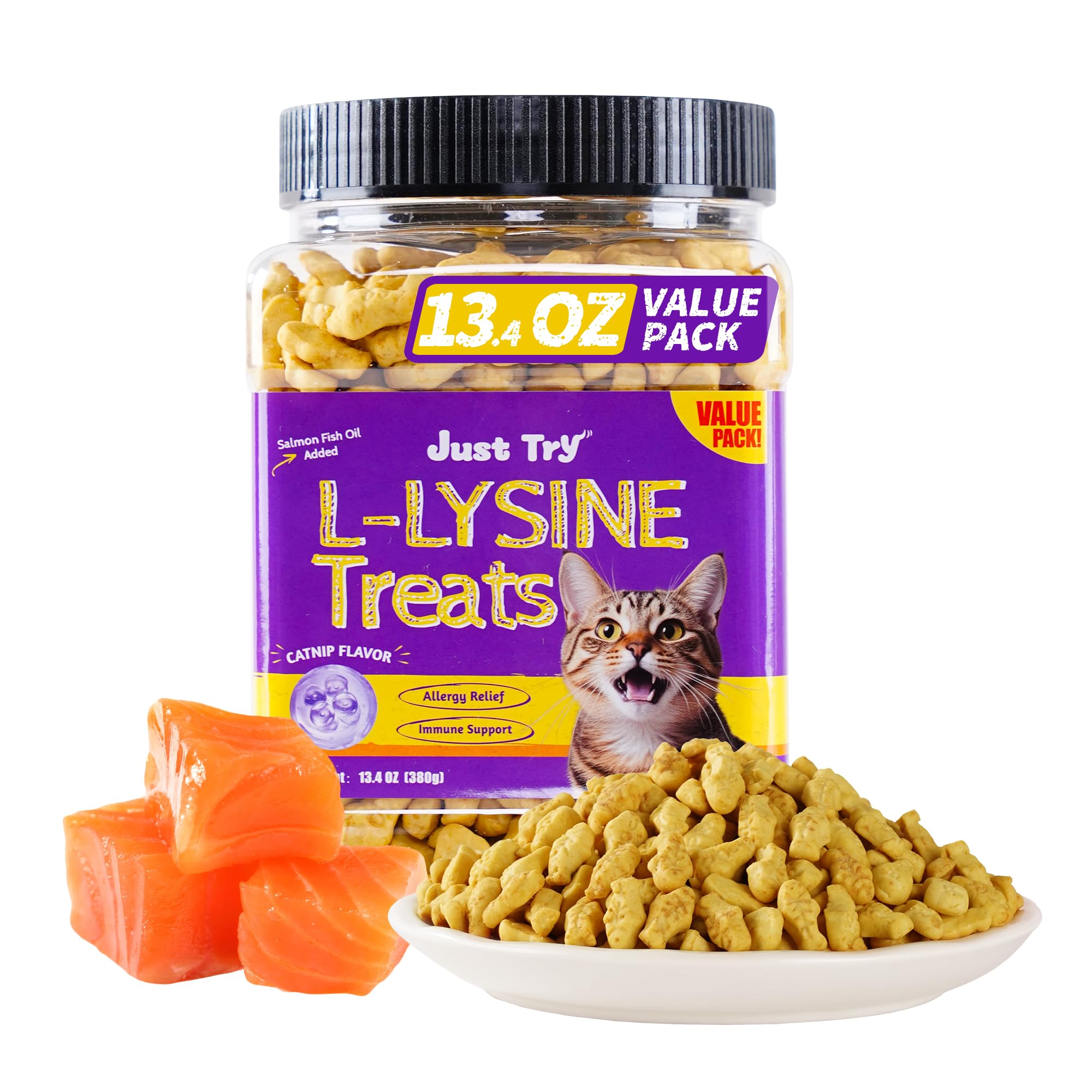 13.4 OZ Natural Salmon Flavor Lysine Cat Treats - Healthy Training Biscuits & Dental Care Snacks for Cats & Kittens - Perfect for Training Rewards and Oral Health Maintenance