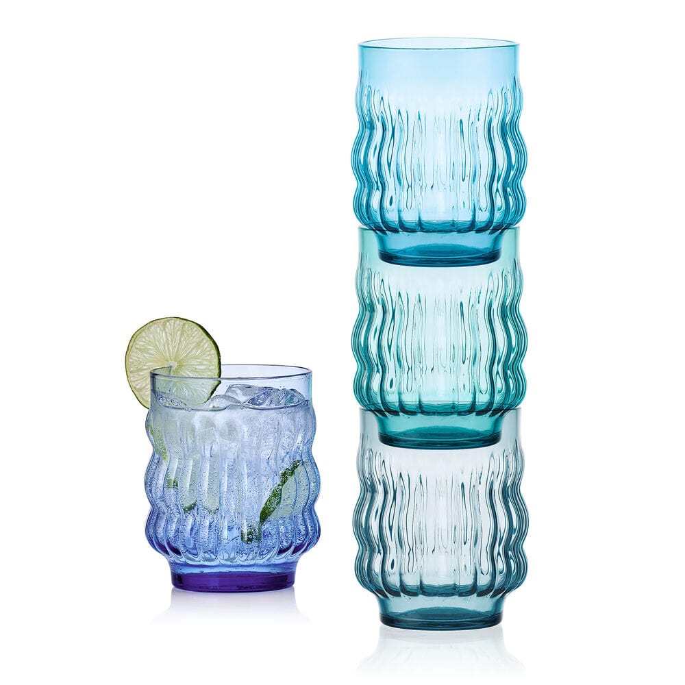 Set of 4 Blue Waves Stackable Double Old Fashioned Glasses - Perfect for Cocktails, Whiskey & Home Bar Decor