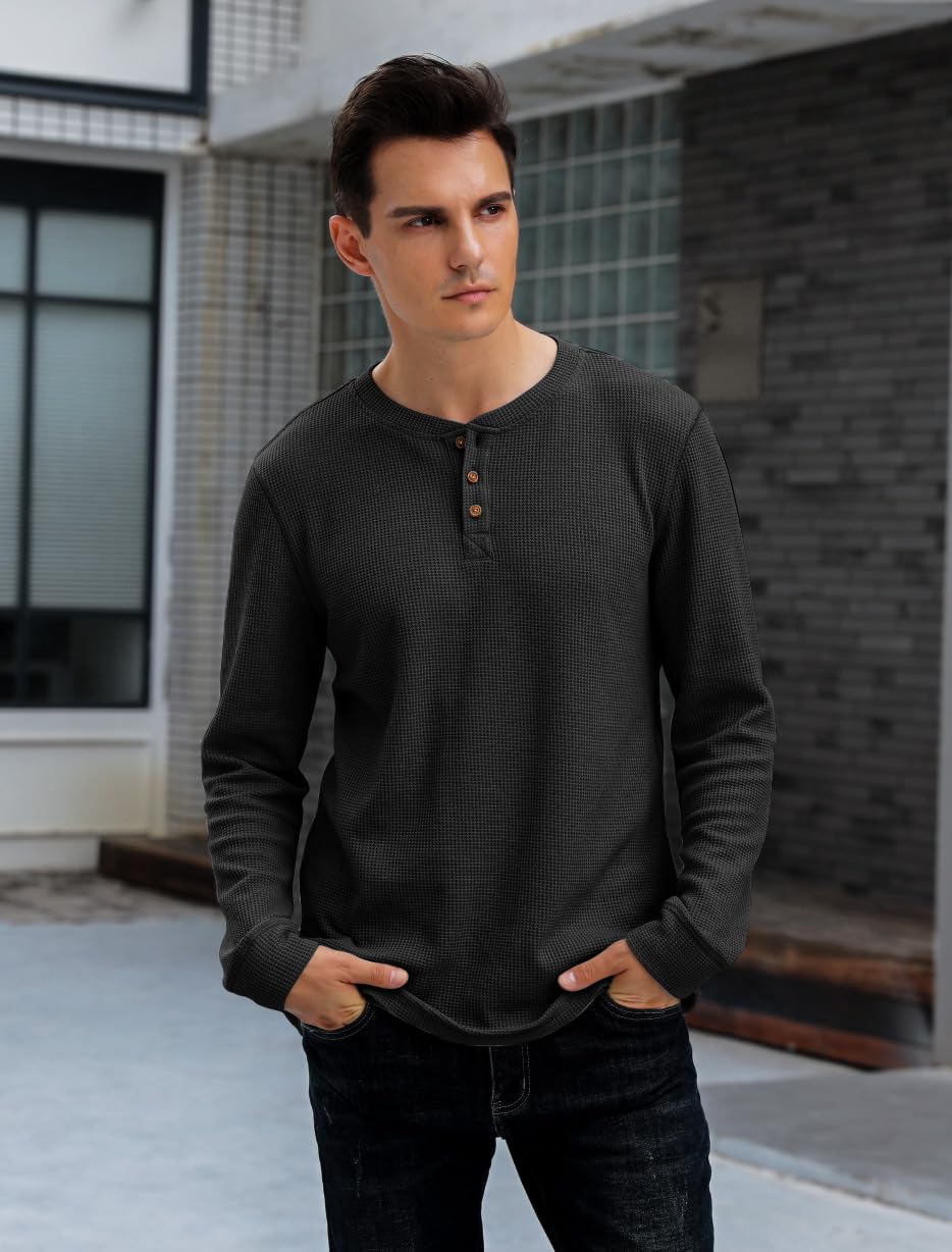 Men's Waffle Long Sleeve Henley Shirt - Soft Thermal Knit Top for Casual Wear & Layering | Perfect for Fall & Winter Outfits