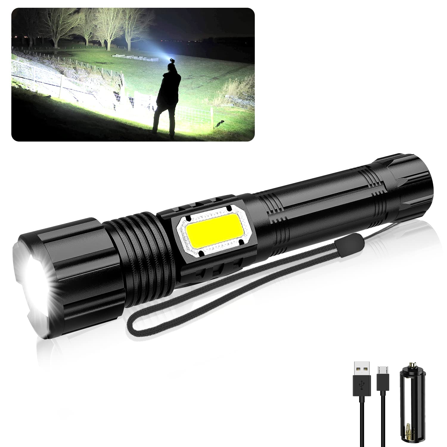 2000 Lumens Rechargeable Tactical Flashlight with COB Side Light - 5 Lighting Modes, Waterproof LED Flashlight for Camping, Hiking, Emergencies | Perfect for Power Outages, Night Fishing, Home Security & Outdoor Adventures [1 Pack]