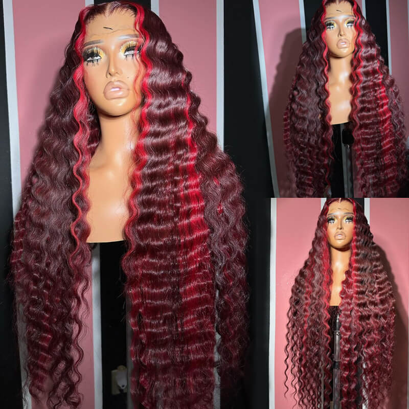 Eullair Burgundy Wine Red Human Hair Lace Front Wig with Crimped Wavy Highlights & Skunk Stripe - Heat Resistant for Styling with Curling Iron, Perfect for Cosplay, Parties & Daily Fashion
