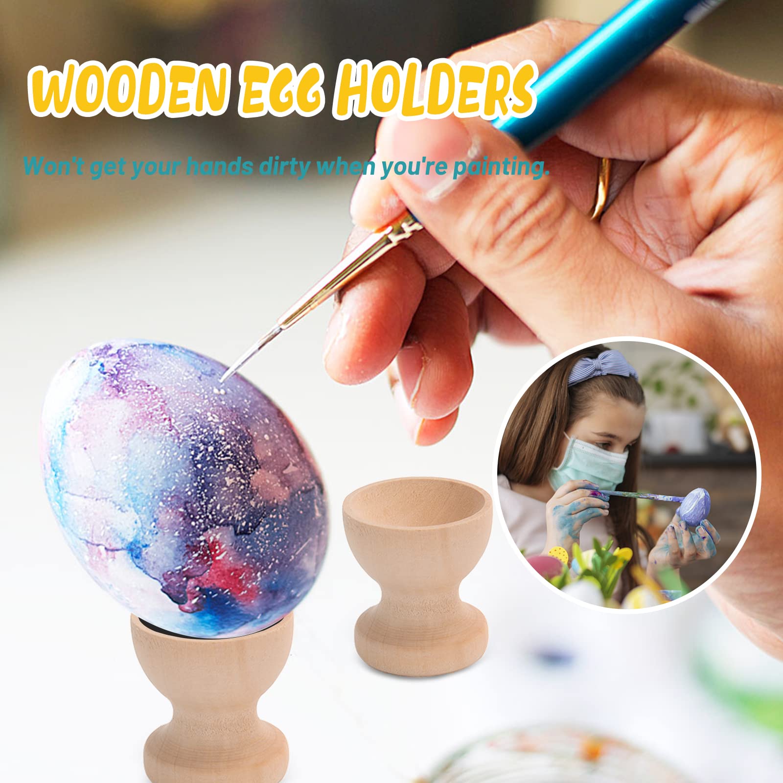 Narremcoy 32 PCS Unpainted Wooden Easter Eggs with 4 Wooden Egg Holders - DIY Craft Supplies for Easter Decorations, Home Party, and Spring Holiday Celebrations