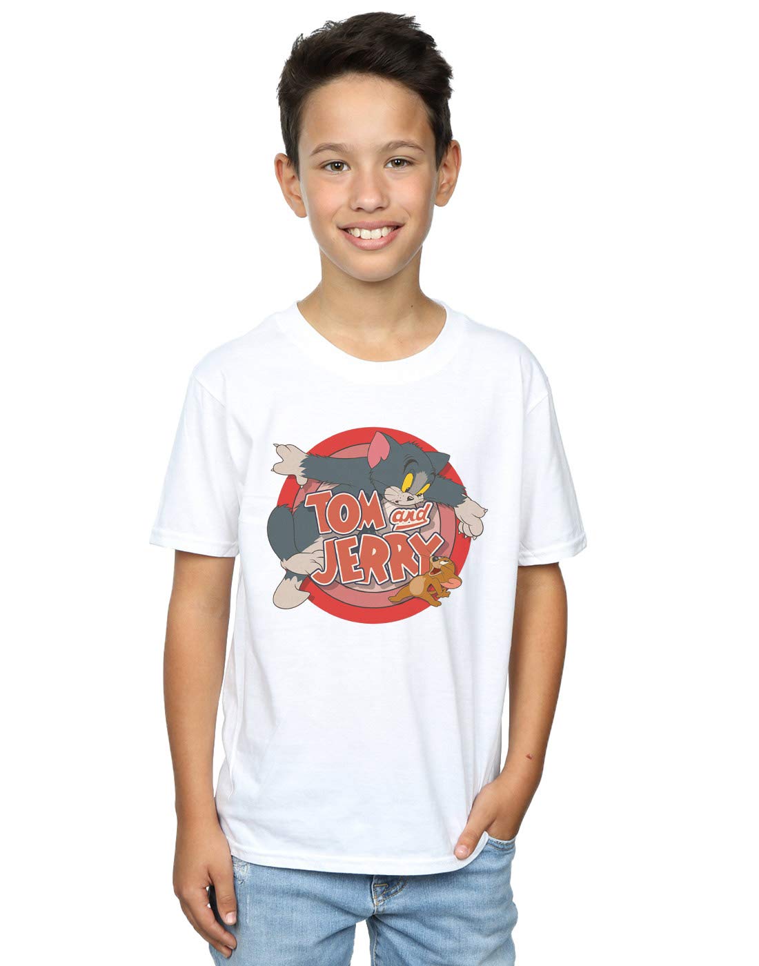 TOM and JERRY Classic Cartoon Boys T-Shirt for Kids Age 7-8 Years - White Cotton Tee for School, Playdates & Casual Wear