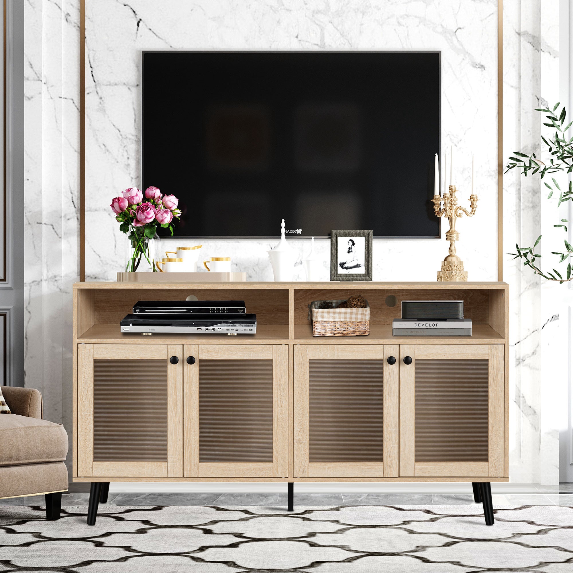 Mid Century Modern TV Stand 56 Inch - Evans Wooden Entertainment Center with Open Shelves & Storage Cabinets for Living Room, Bedroom - Perfect for Home Theater Setup & Media Organization