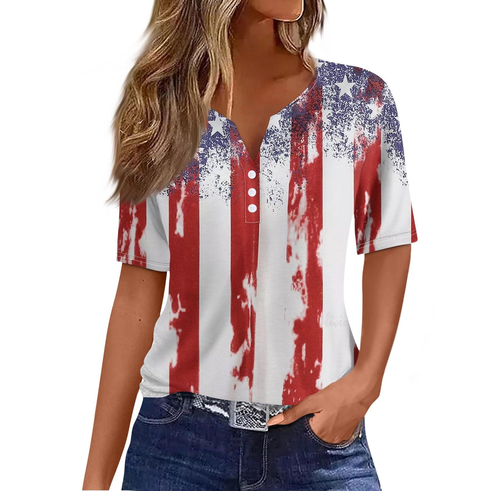 4th of July Women's Tops - Casual V-Neck Blouses for Summer 2024 | Patriotic Outfits & Parties