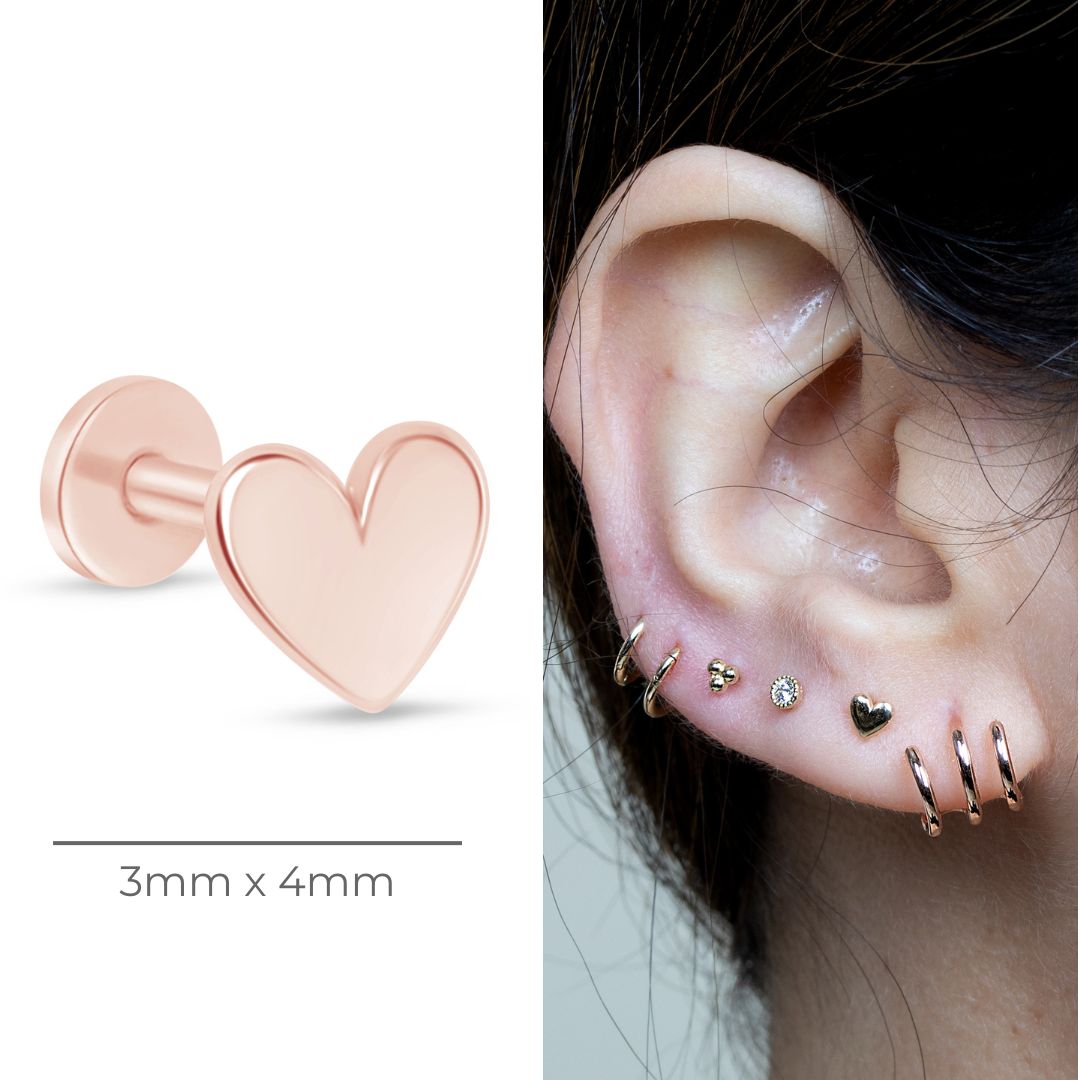 14K Rose Gold Minimalist Heart Stud Earrings - Dainty & Elegant Flat Back Earrings for Women - Perfect for Everyday Wear, Date Nights & Gifting
