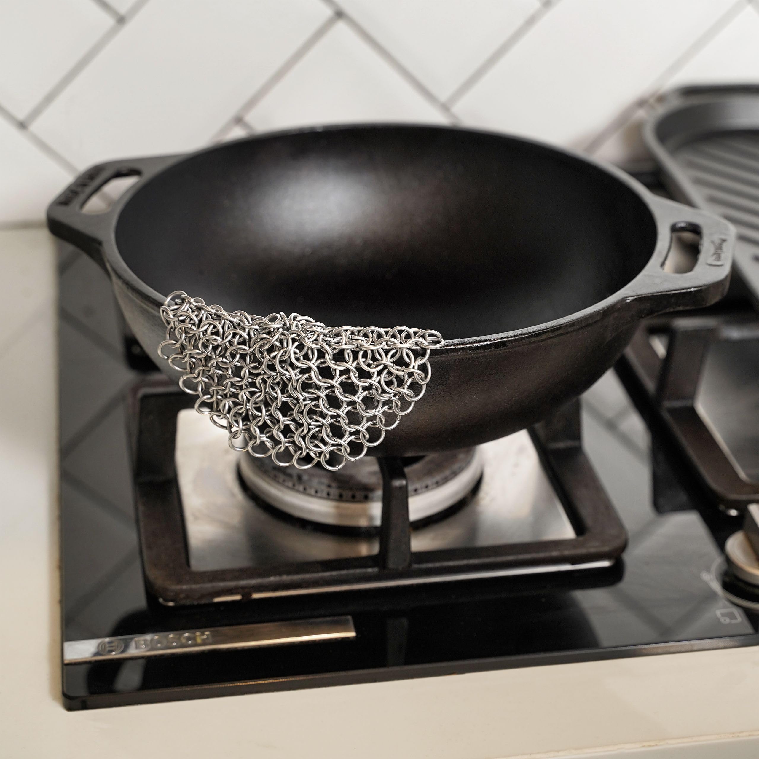 Mythrojan 7-Inch Stainless Steel Chainmail Scrubber for Cast Iron - Heavy Duty Pan Cleaner for Skillet, Wok, Dutch Oven & Cookware - Perfect for Camping, Outdoor Cooking & Kitchen Cleaning