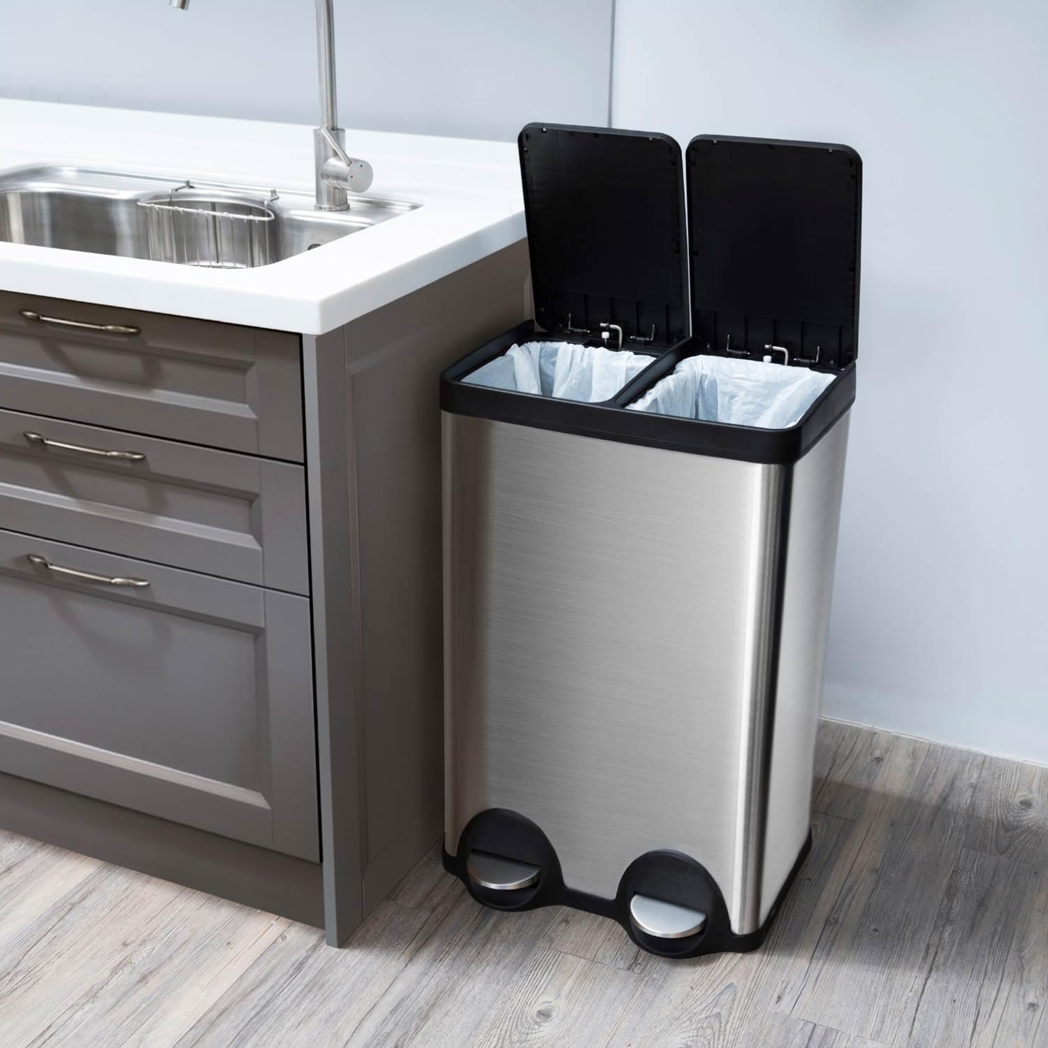 15.8 Gallon Stainless Steel Kitchen Trash Can with Dual Removable Liners - Perfect for Recycling & Waste Separation | Ideal for Modern Kitchens, Offices & Eco-Friendly Homes