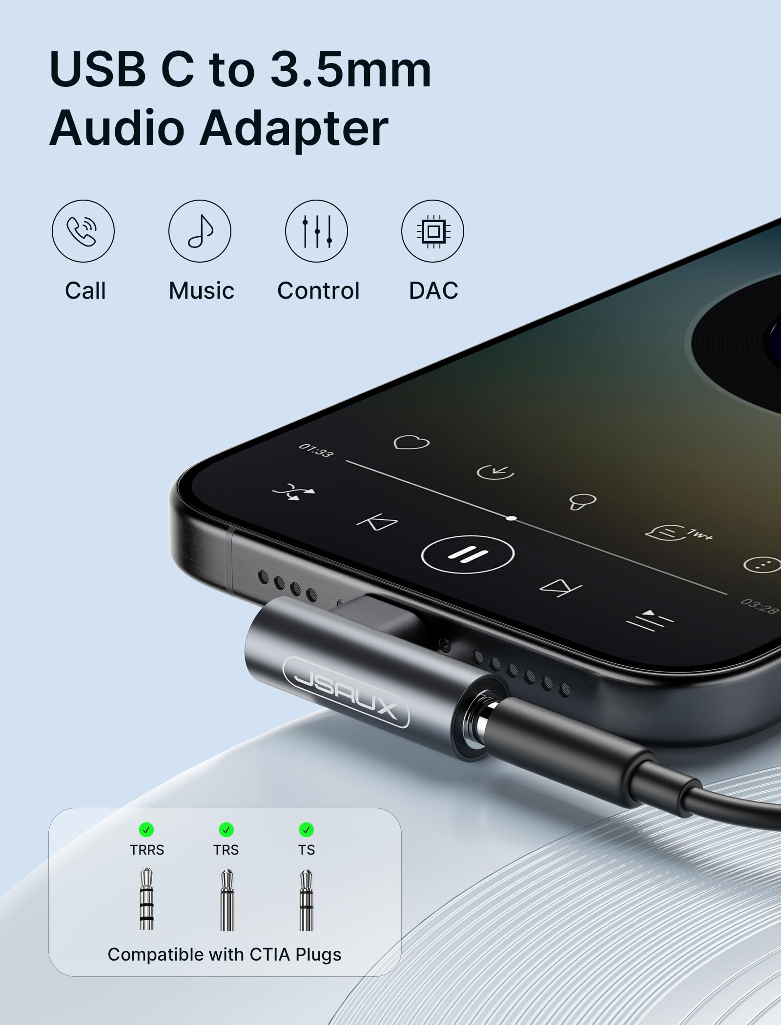 JSAUX Right Angle USB C to 3.5mm Audio Adapter with 24bit DAC HiFi - Type C to Aux Headphone Jack Converter Compatible with Samsung Galaxy S24/S23 Ultra, Pixel 7, iPad Pro, MacBook, iPhone 16/15 - Perfect for Gaming, Music & Conference Calls