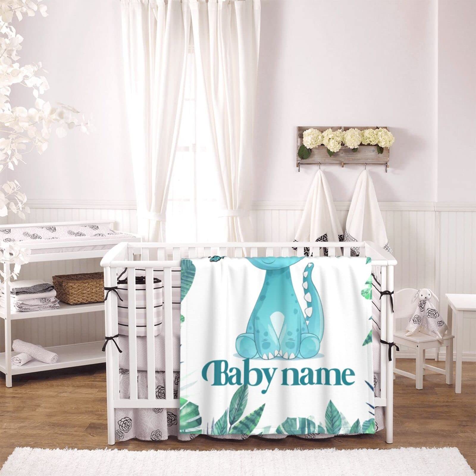 Personalized Baby Dinosaur Floral Blanket - Custom Name Receiving Swaddle Blanket for Boys | Soft Nursery Blanket for Newborn Gifts, Baby Showers & Security Comfort