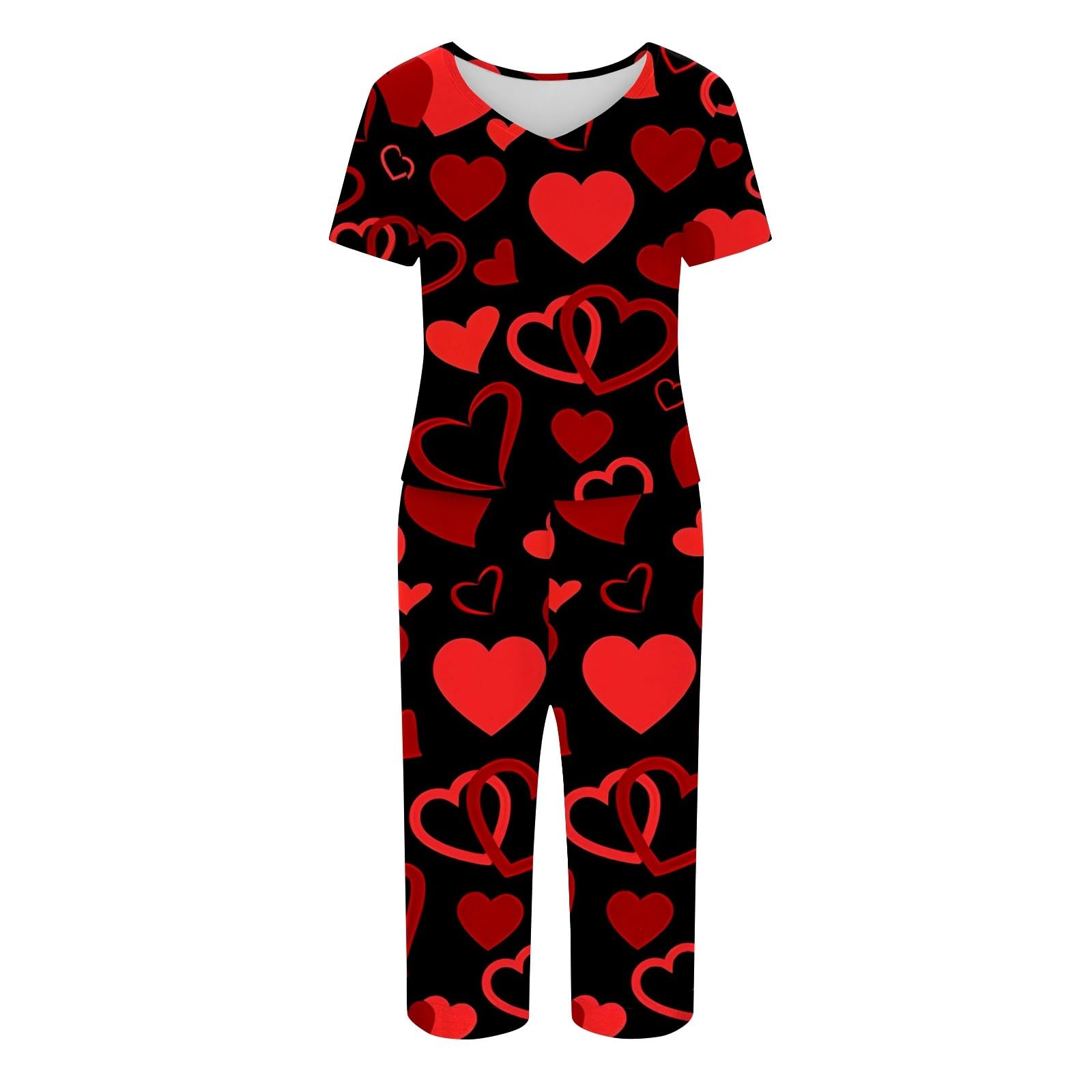 Valentine's Day Pajamas for Women - Cute Heart Print Sleepwear Set, Short Sleeve Top & Pants, 2-Piece Lounge Outfit | Perfect for Valentine's Gifts, Anniversary, Romantic Nights & Cozy Sleepwear