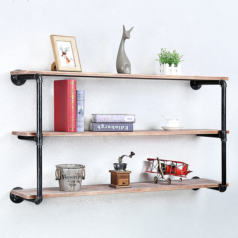 Industrial Pipe Floating Shelves - 3 Tier 48in Wall Mounted Wood & Metal Shelving for Books, Decor & Storage | Rustic Home Office & Living Room Organization