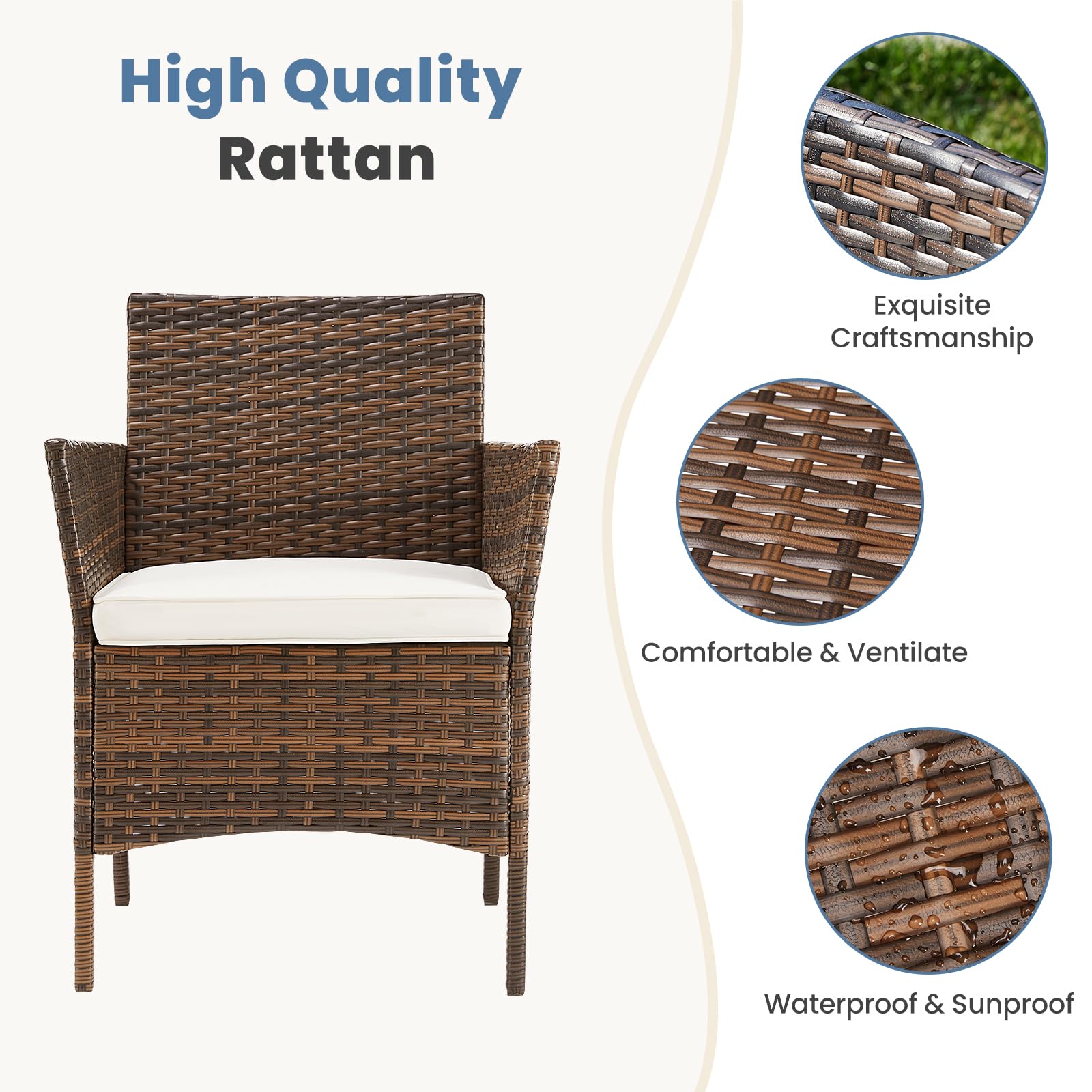 DUMOS 3-Piece Patio Furniture Set - Modern Outdoor Wicker Sofa & Coffee Table Conversation Set, All-Weather Rattan Chairs for Garden, Terrace, Porch, Balcony, Backyard (Brown & Beige) | Perfect for Relaxing, Entertaining & Outdoor Dining