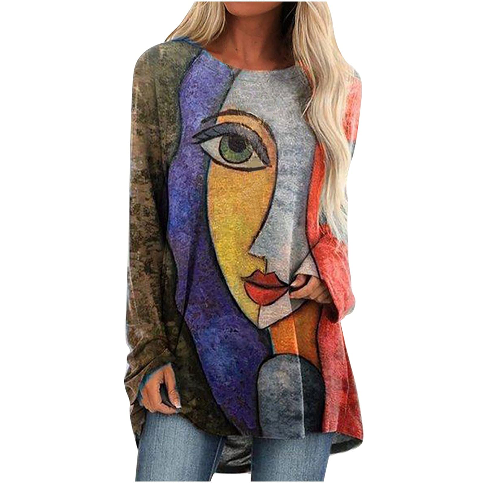 Funny Graffiti Tops for Women - Casual Long Sleeve Crewneck Shirt with Colorful Portrait Print | Loose Fit T-Shirt Blouse for Streetwear, Festival Outfits & Everyday Fashion