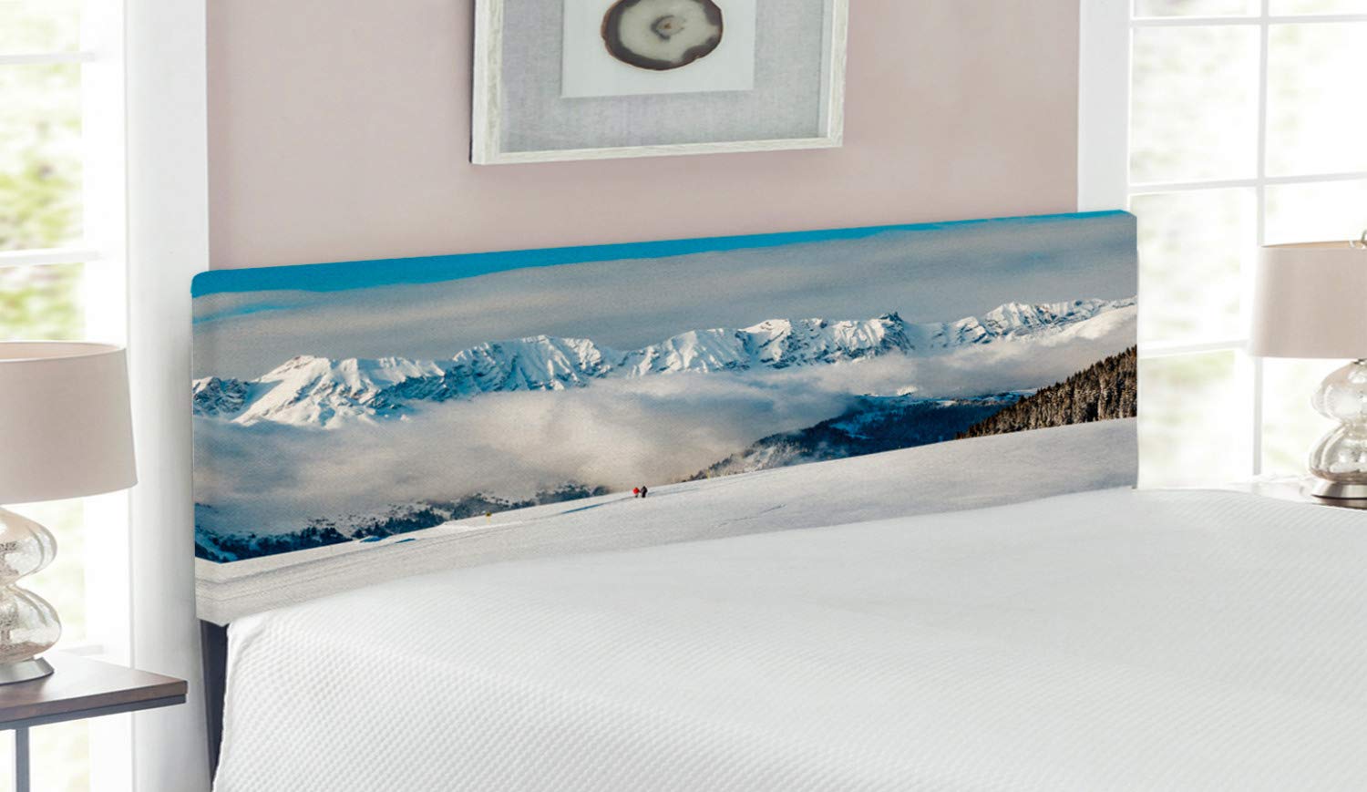 Ambesonne Winter Headboard - Panoramic Mountain View with Hiking Couple in French Alps, Upholstered Decorative Metal Bed Headboard with Memory Foam, Queen Size in Blue White Brown - Perfect for Bedroom Decor & Cozy Winter Retreats