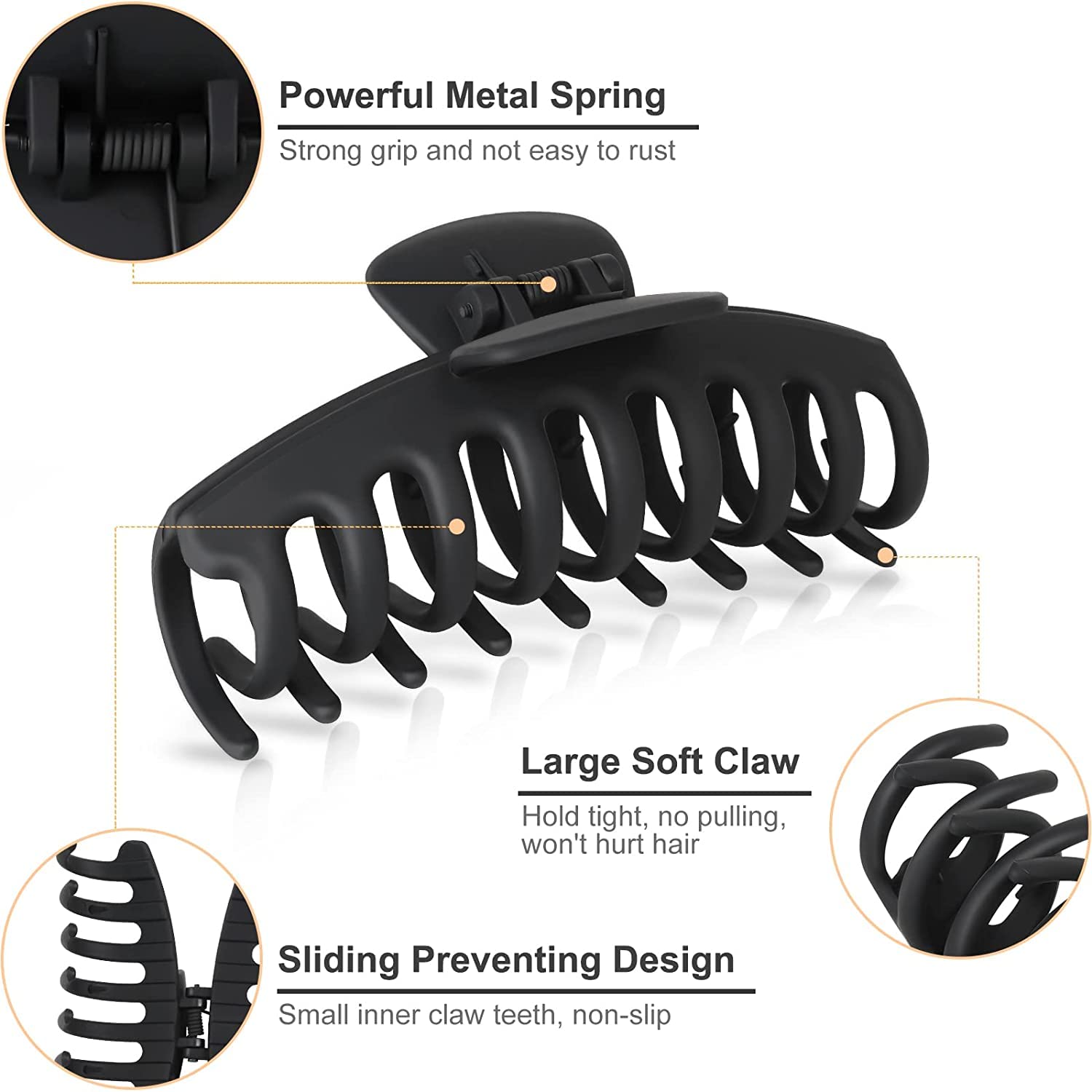 Large Hair Claw Clips for Women - 4.33 Inch Strong Hold Non-Slip Matte Hair Clips for Thin, Thick & Curly Hair (4 Pack, Black) - Perfect for 90s Retro Style, Work, Gym & Everyday Hairstyles