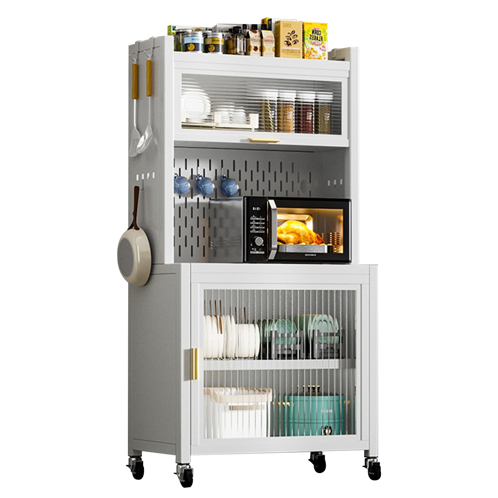 5-Tier Kitchen Storage Rack with 8 Hooks & Brakeable Casters - Bread Rack, Coffee Station, Microwave Stand for Dishes, Wine, Pots & Pans - Space-Saving Organizer for Small Kitchens & Apartments (White, 42cm)