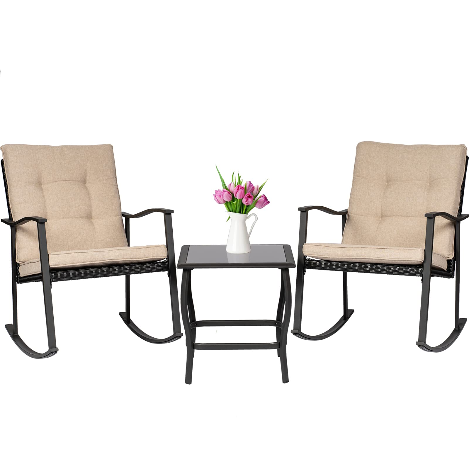Oakmont 3-Piece Outdoor Rocking Chair Set - High Back Patio Furniture with 2 Chairs & Glass Coffee Table, All-Weather Steel Frame (Black) - Perfect for Garden, Porch, and Backyard Relaxation