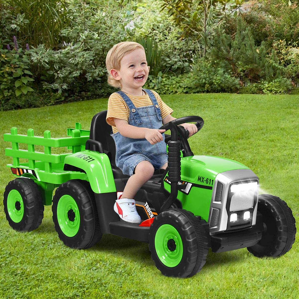 GLACER 12V Battery Powered Kids Ride on Tractor with Trailer - Remote Control Electric Toy Car for Toddlers, 3-Speed Gear Shift, LED Lights & Music - Green Ride-On Loader for Outdoor Play & Backyard Fun