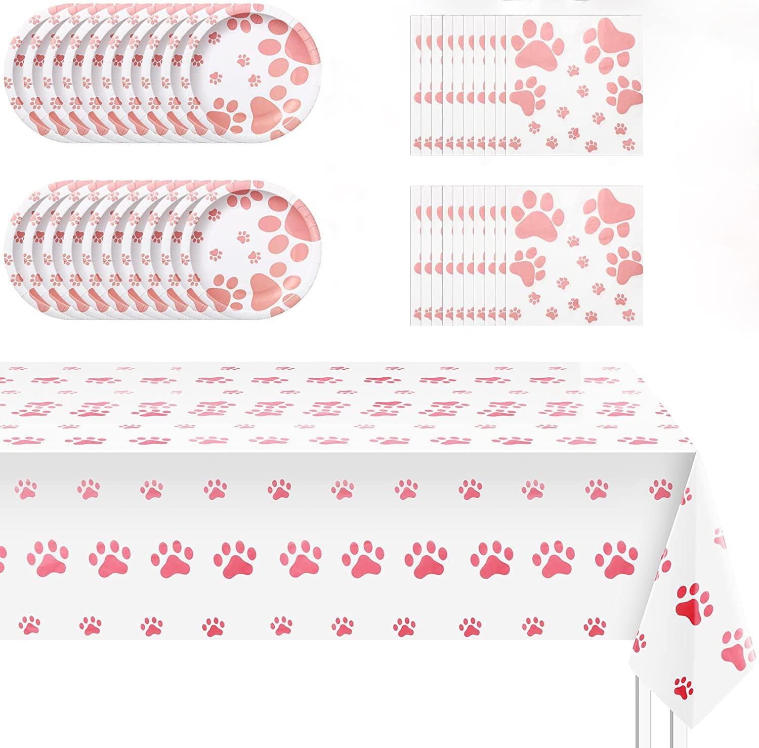 Dog Birthday Party Decorations Set - 20 Paper Plates, 20 Napkins & 1 Tablecloth - Pink Puppy Theme Supplies for Dog Lovers | Perfect for Puppy Themed Birthday Parties, Showers & Celebrations