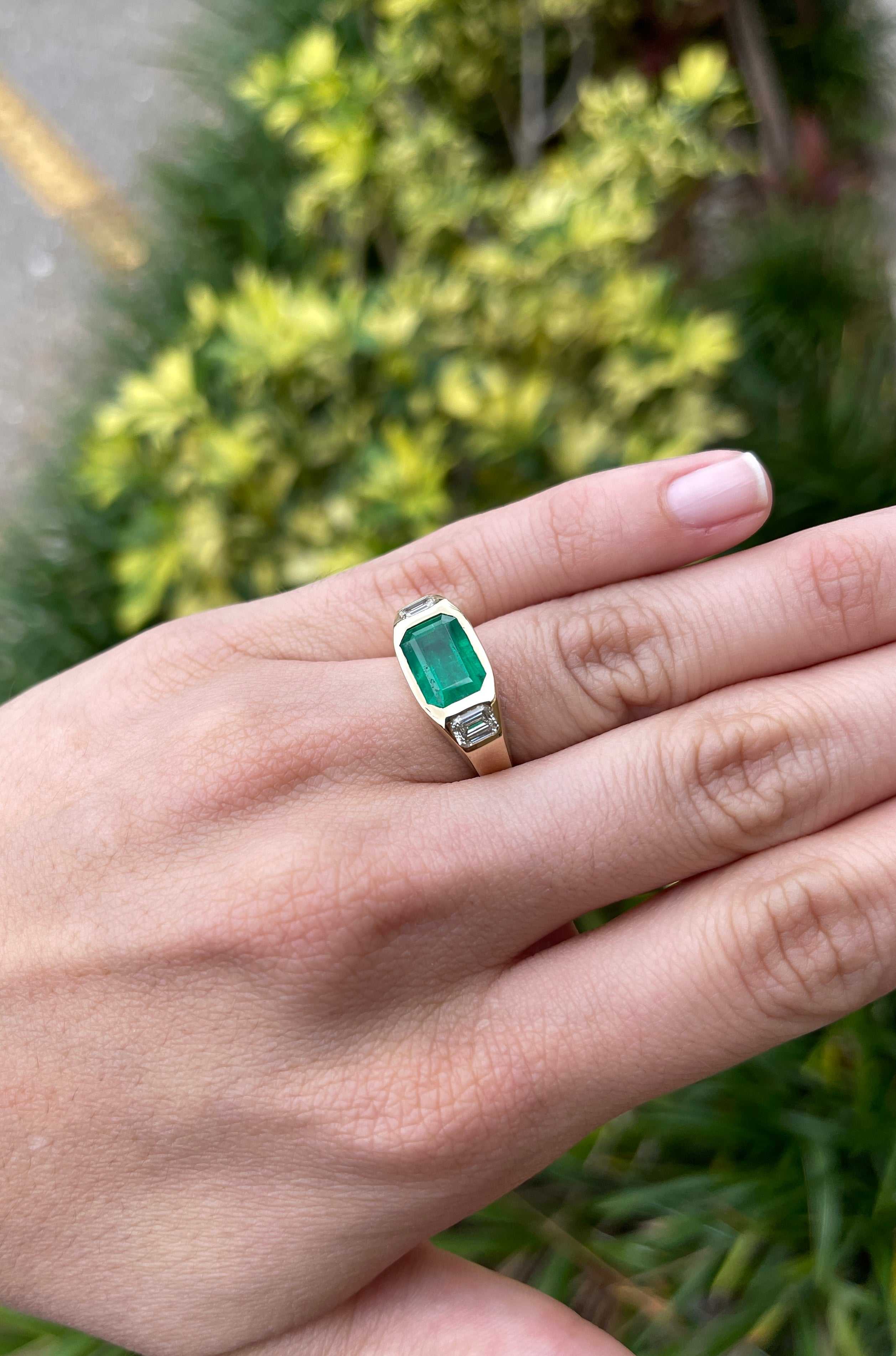 4.50tcw East to West Three Stone Emerald & Emerald Cut Diamond Gypsy Ring in 18K Gold - Perfect for Engagement, Wedding, Anniversary & Special Occasions