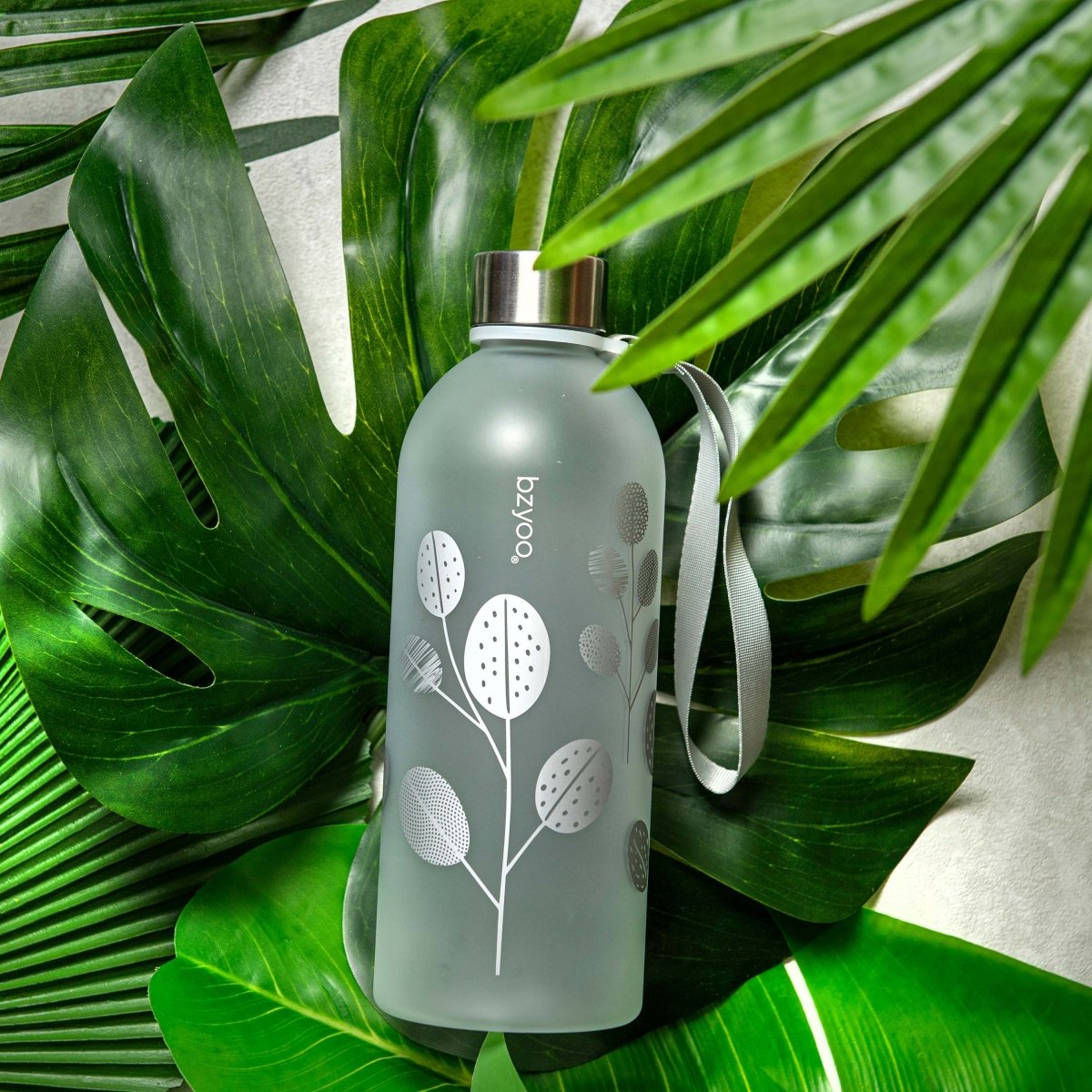 32oz Time Marker Tritan Water Bottle with Carrying Strap - Leaf Silver | Leak Proof BPA Free Sports Water Bottle for Gym, Hiking, Workout & Outdoor Activities